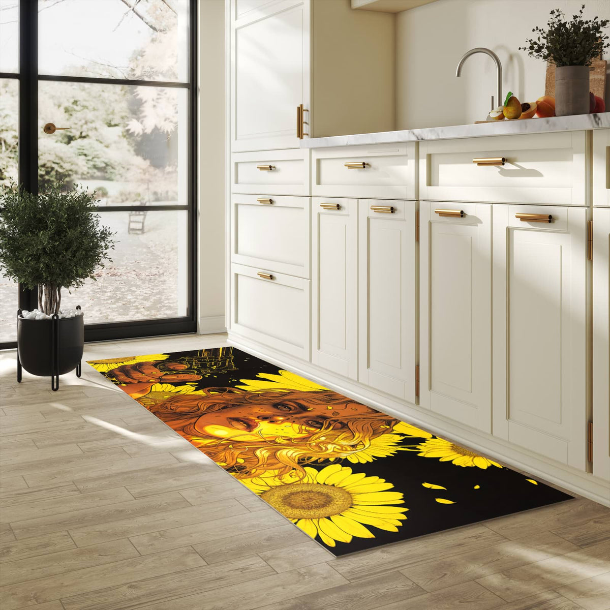 Geräuschdämpfender Küchenläufer mit Motiv Sonnenblumenmädchen in heller Küche