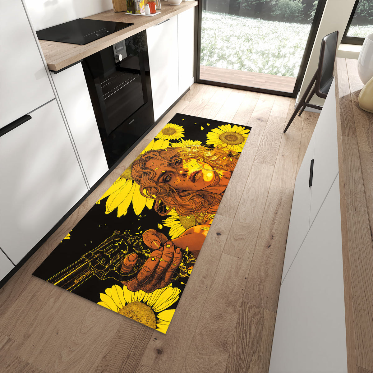 Bodenschonender Küchenläufer mit Motiv Sonnenblumenmädchen in moderner Küche