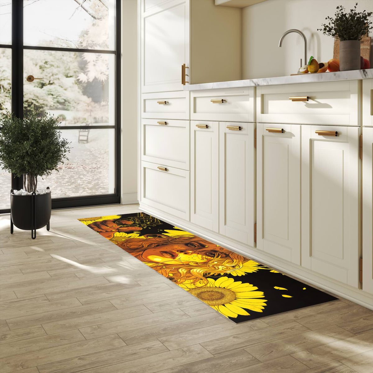 Bodenschonender Küchenteppich mit Motiv Sonnenblumenmädchen in heller Küche