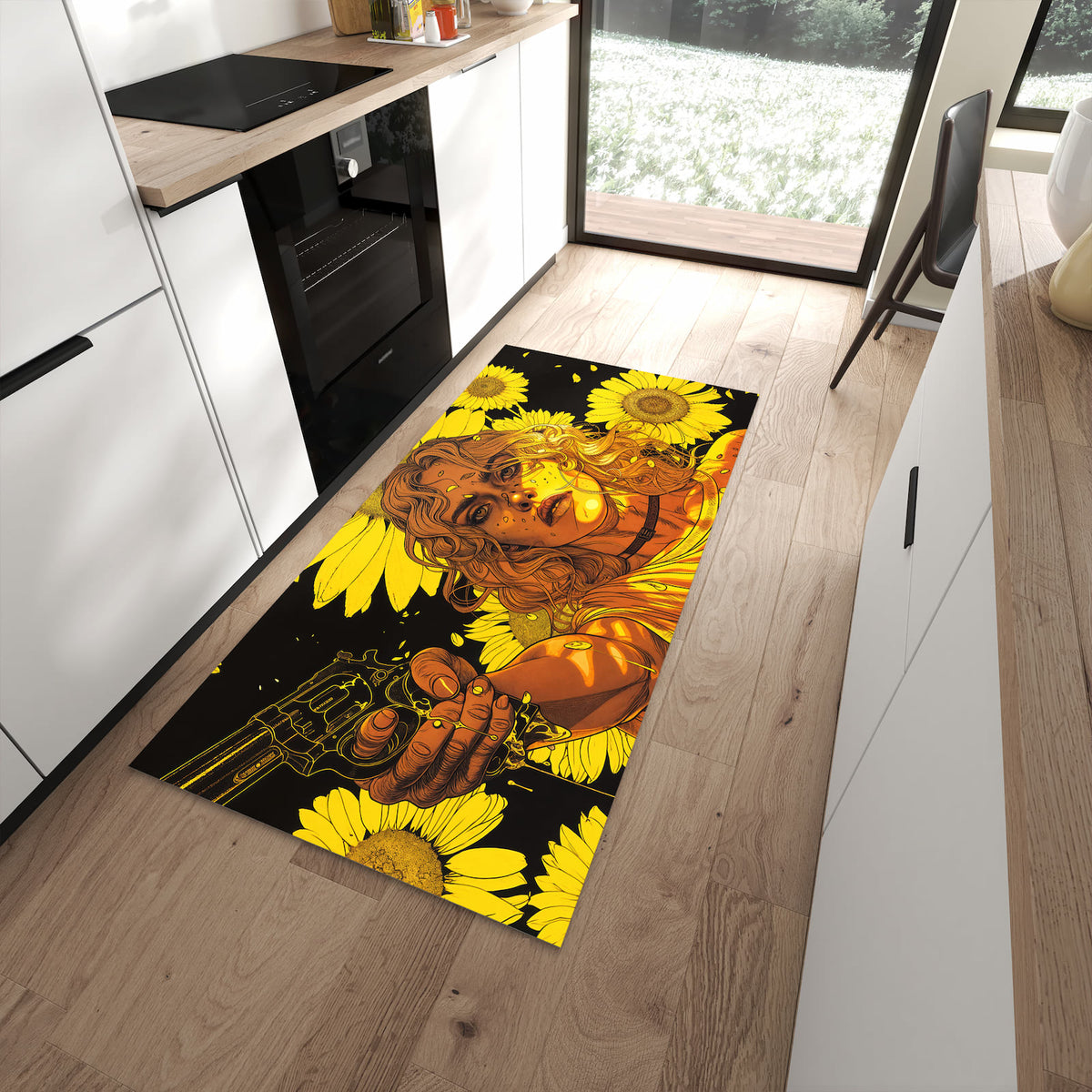 Zeitsparender langer Teppich mit Motiv Sonnenblumenmädchen in moderner Küche