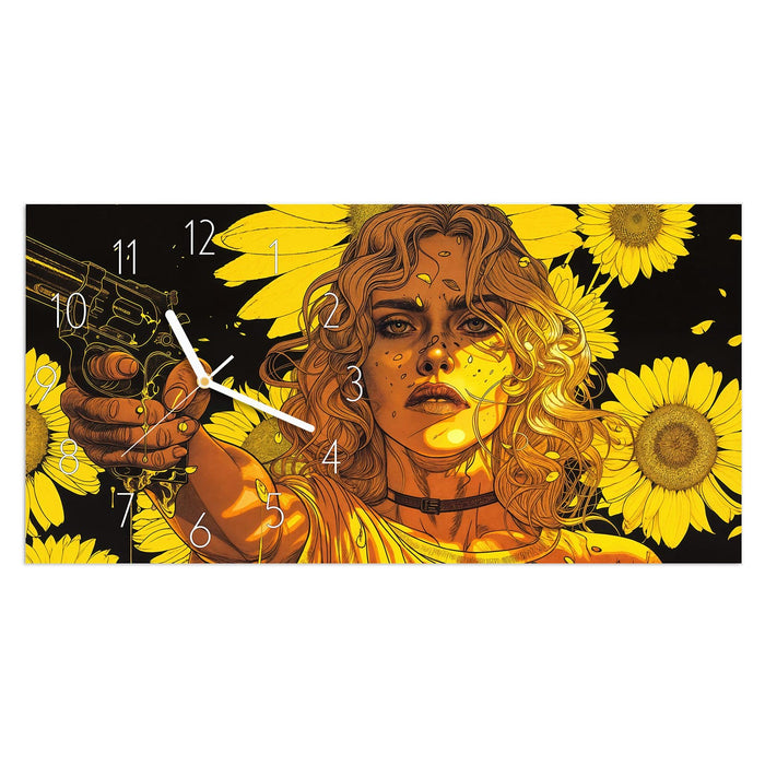 Wanduhr Sonnenblumenmädchen aus Glas – Querformat 60 × 30 cm mit Ziffernblatt Elegant