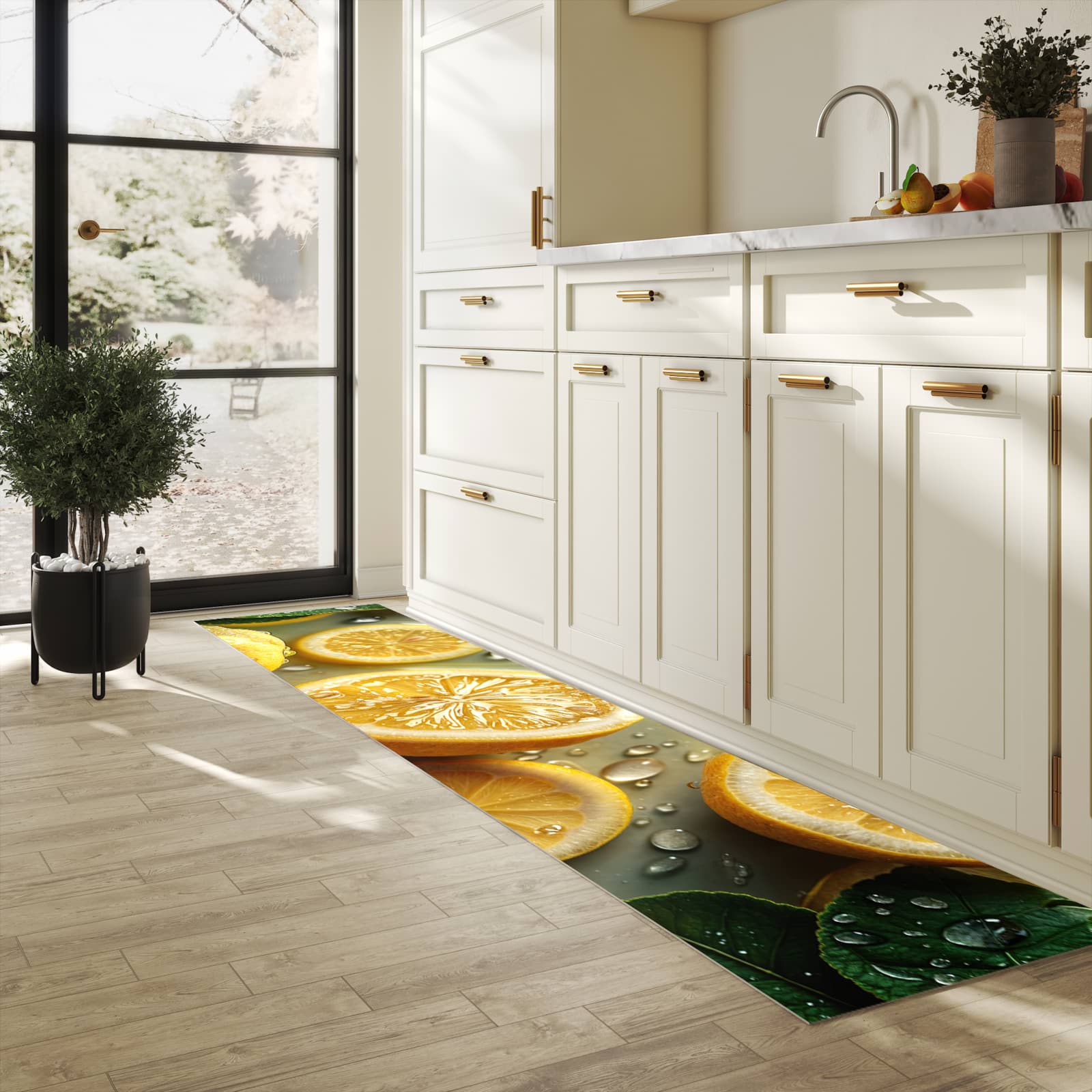 Rutschfester Küchenläufer mit Motiv Zitronenfrische in heller Küche