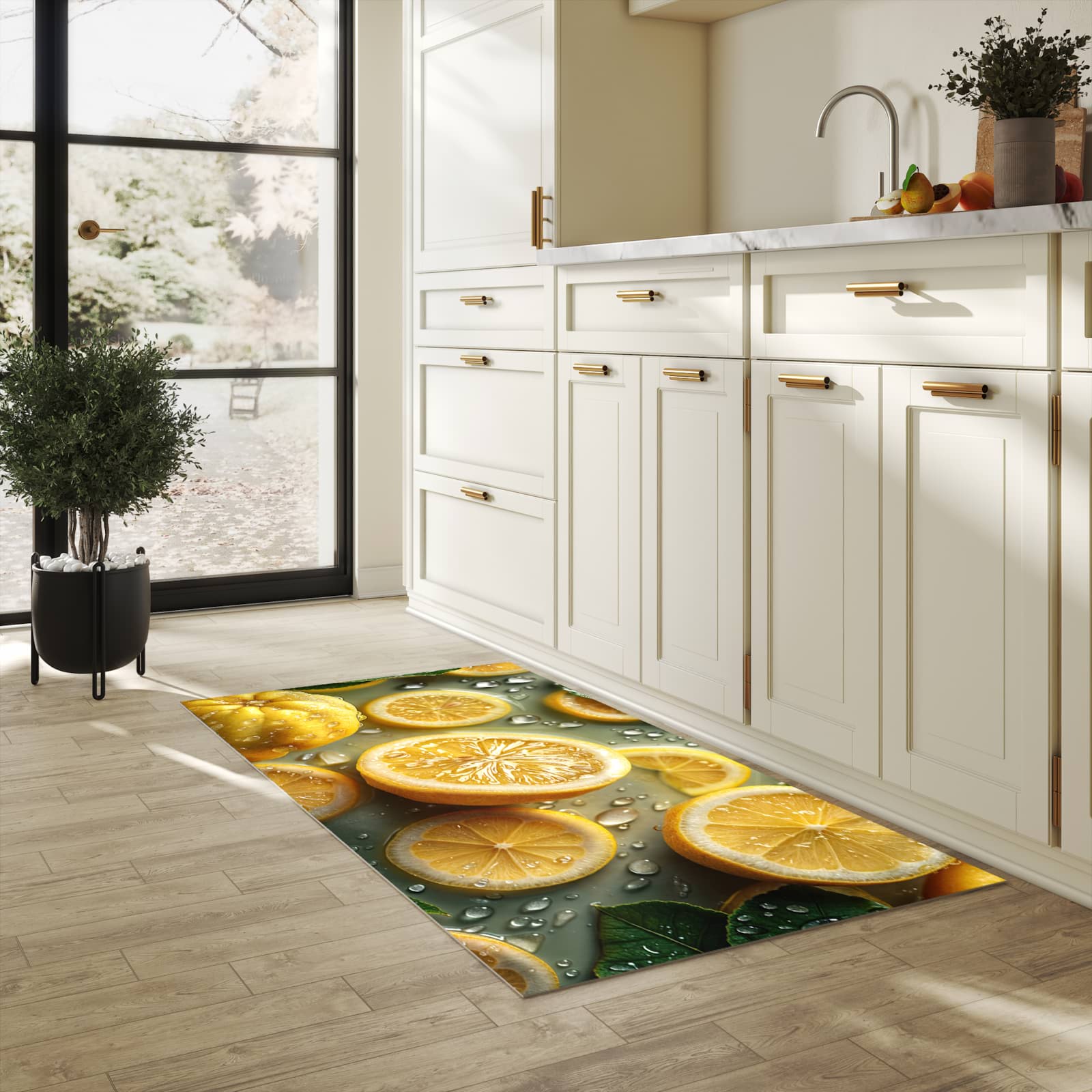 Langlebiger Küchenläufer mit Motiv Zitronenfrische in heller Küche