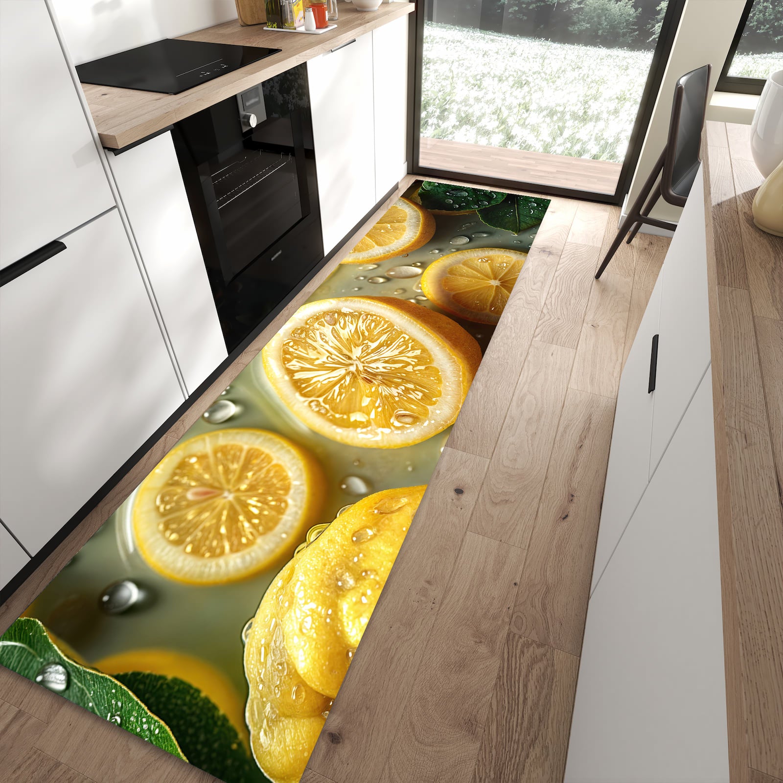 Pflegeleichter Küchenteppich mit Motiv Zitronenfrische in moderner Küche