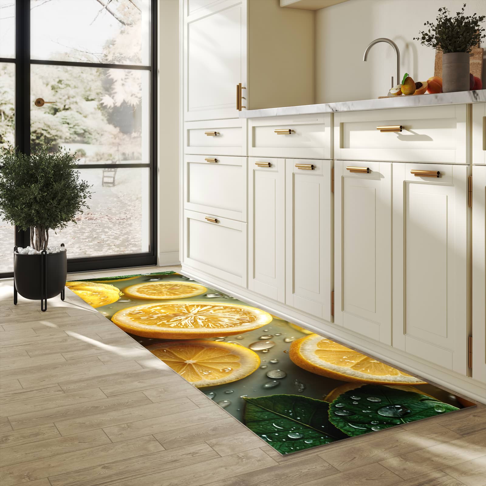 Strapazierfähiger abwaschbarer Küchenläufer mit Motiv Zitronenfrische in heller Küche
