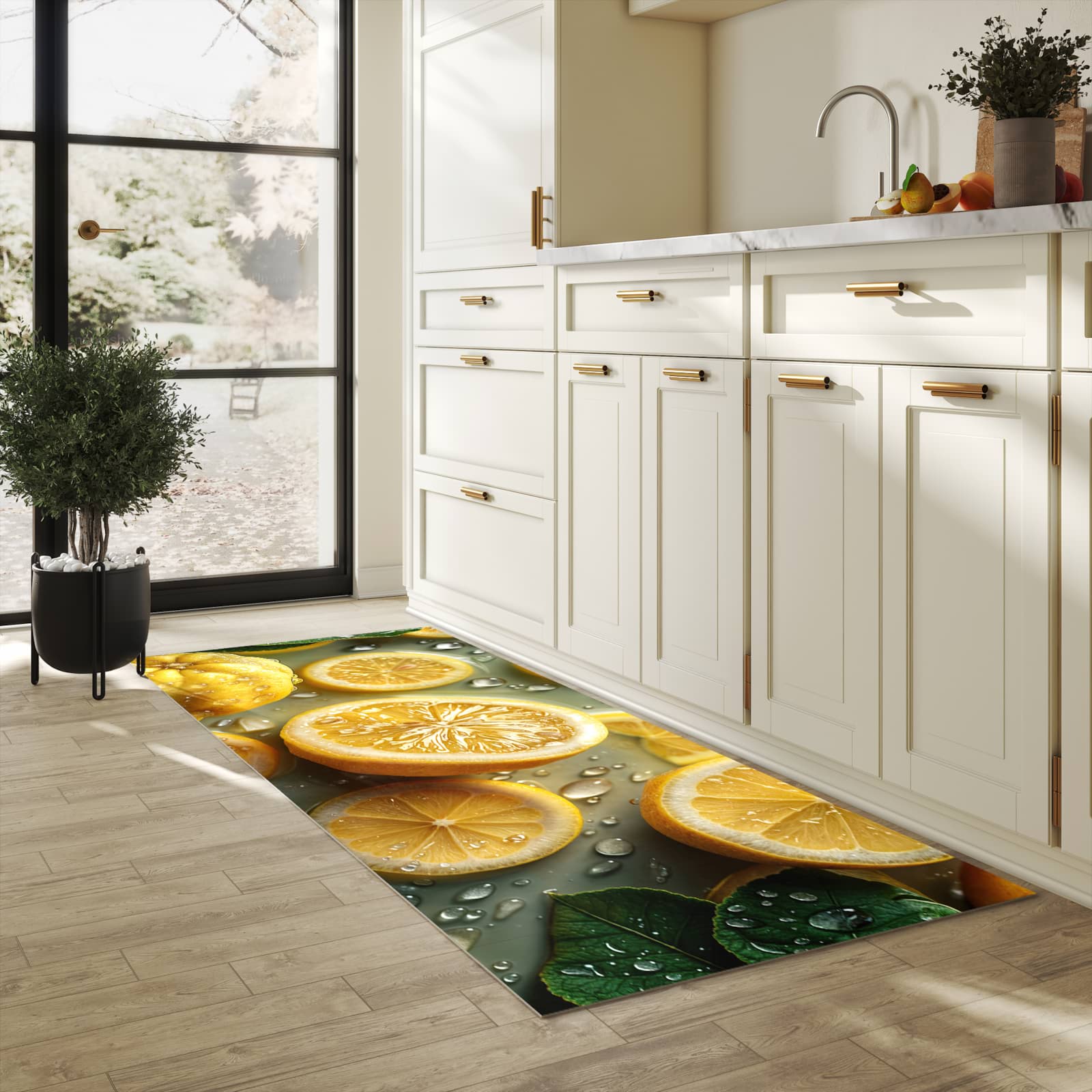 Rutschfester Küchenteppich mit Motiv Zitronenfrische in heller Küche