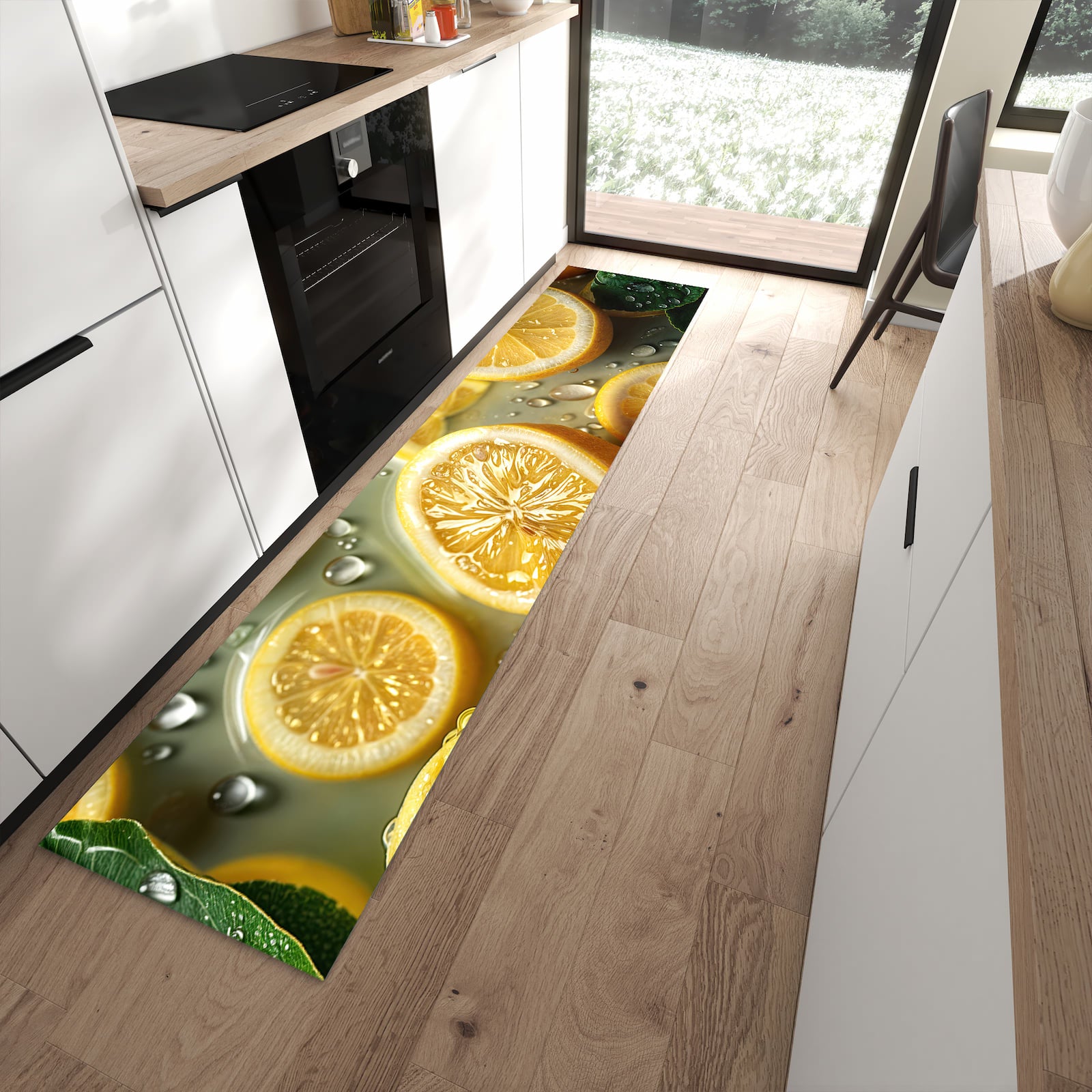 Geruchsneutraler abwaschbarer Küchenteppich mit Motiv Zitronenfrische in moderner Küche