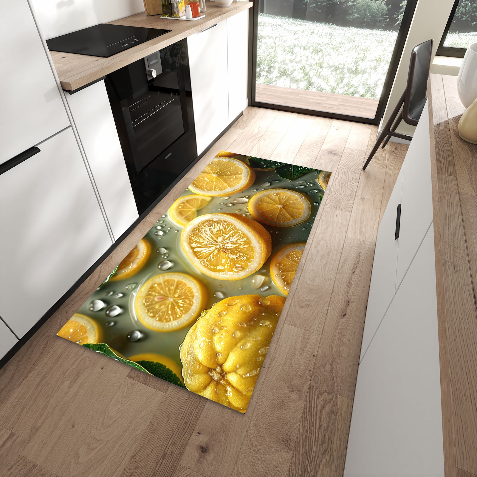 Küchenteppich mit Motiv Zitronenfrische für angenehme Haptik in moderner Küche