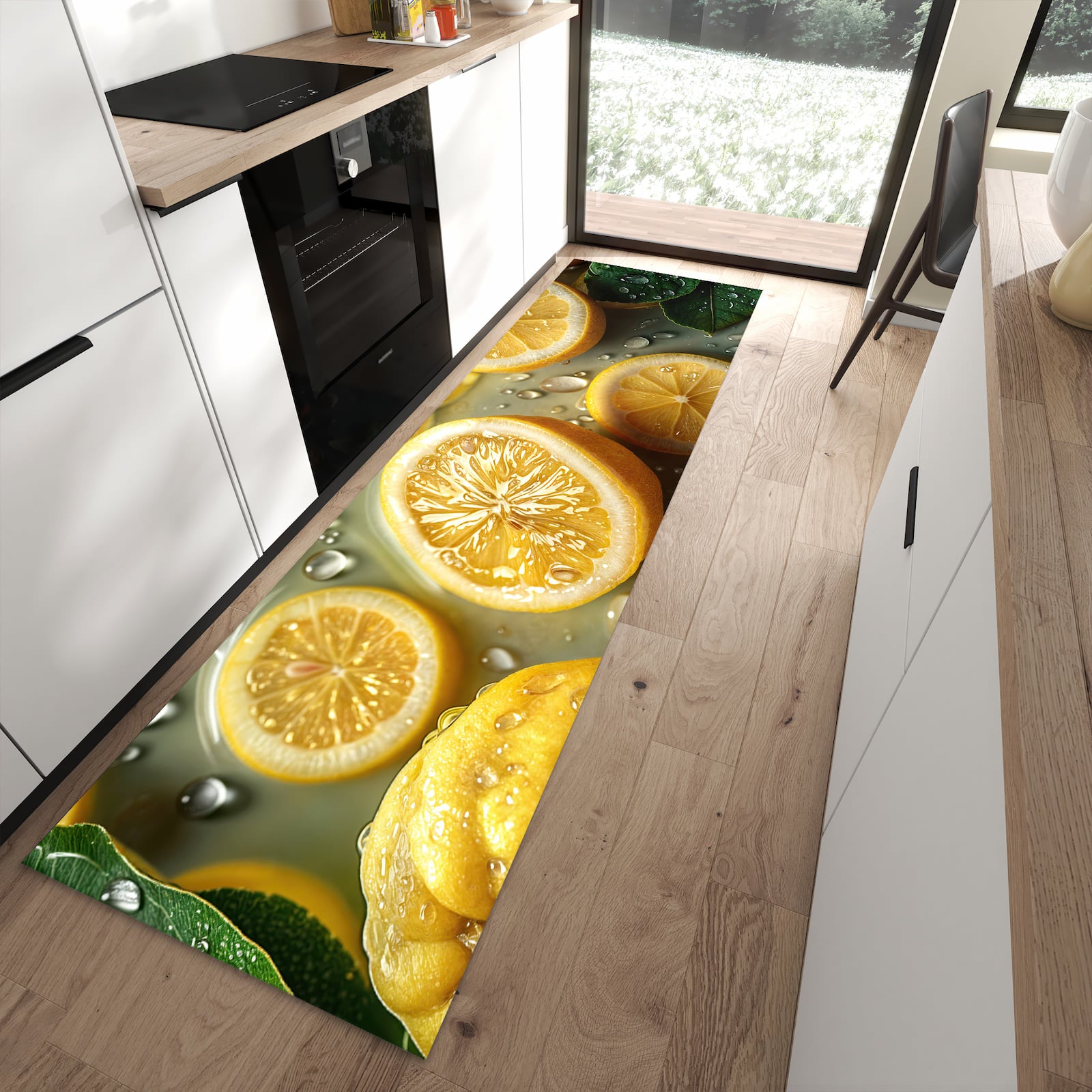 Rutschfester Küchenteppich mit Motiv Zitronenfrische in moderner Küche