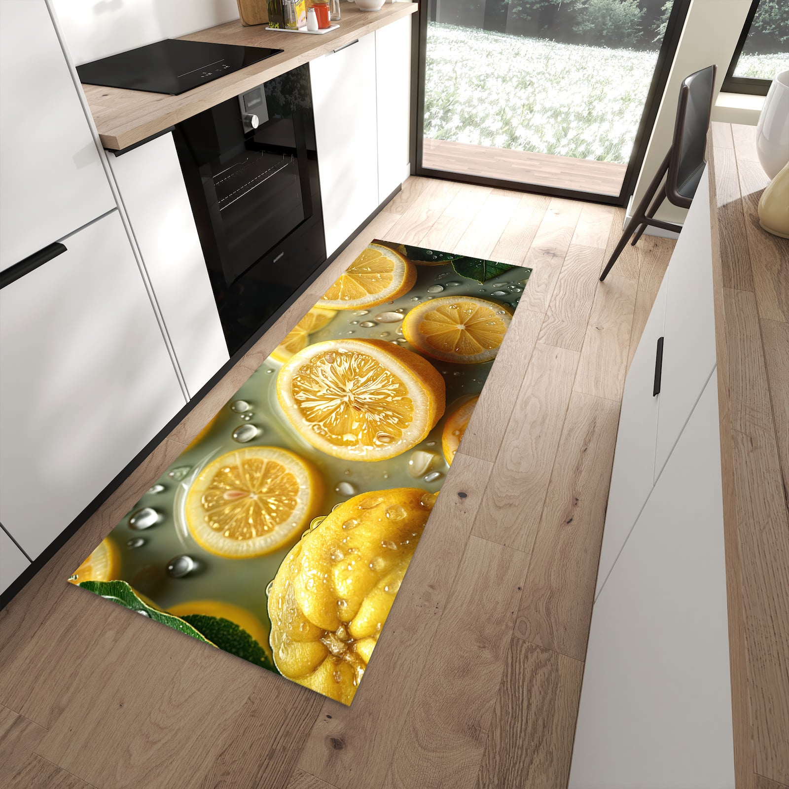 Pflegeleichter Teppich für Küche mit Motiv Zitronenfrische in moderner Küche