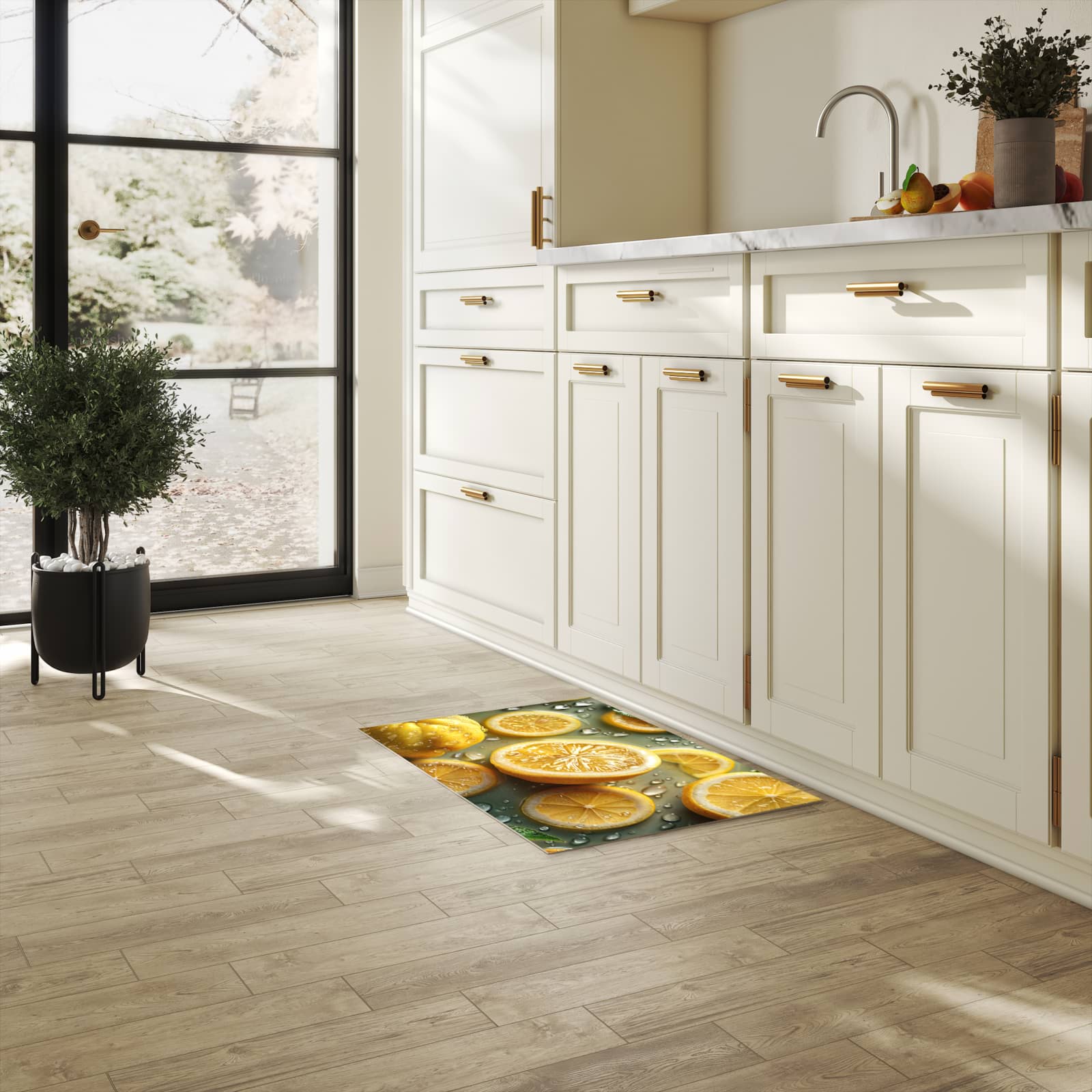 Pflegeleichter Küchenläufer nach Maß mit Motiv Zitronenfrische in heller Küche