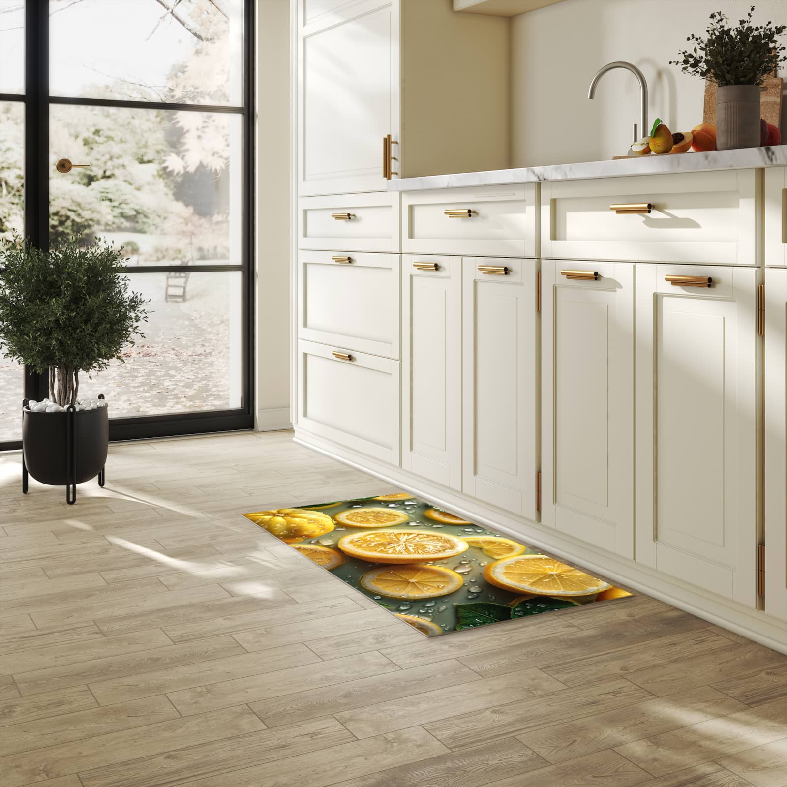 Geruchsneutraler rutschfester Küchenläufer mit Motiv Zitronenfrische in heller Küche
