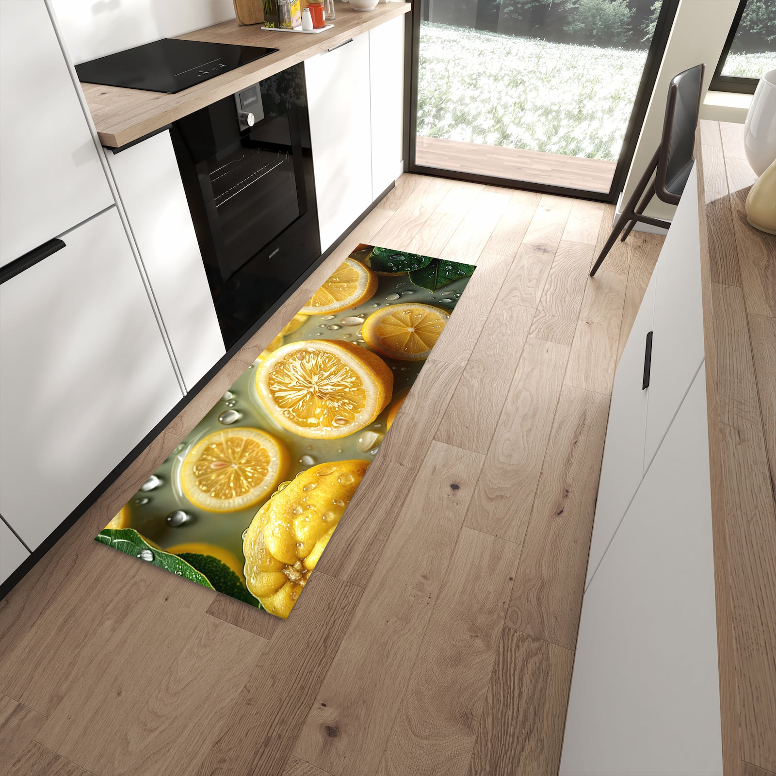 Fleckenresistenter moderner Küchenläufer mit Motiv Zitronenfrische in moderner Küche
