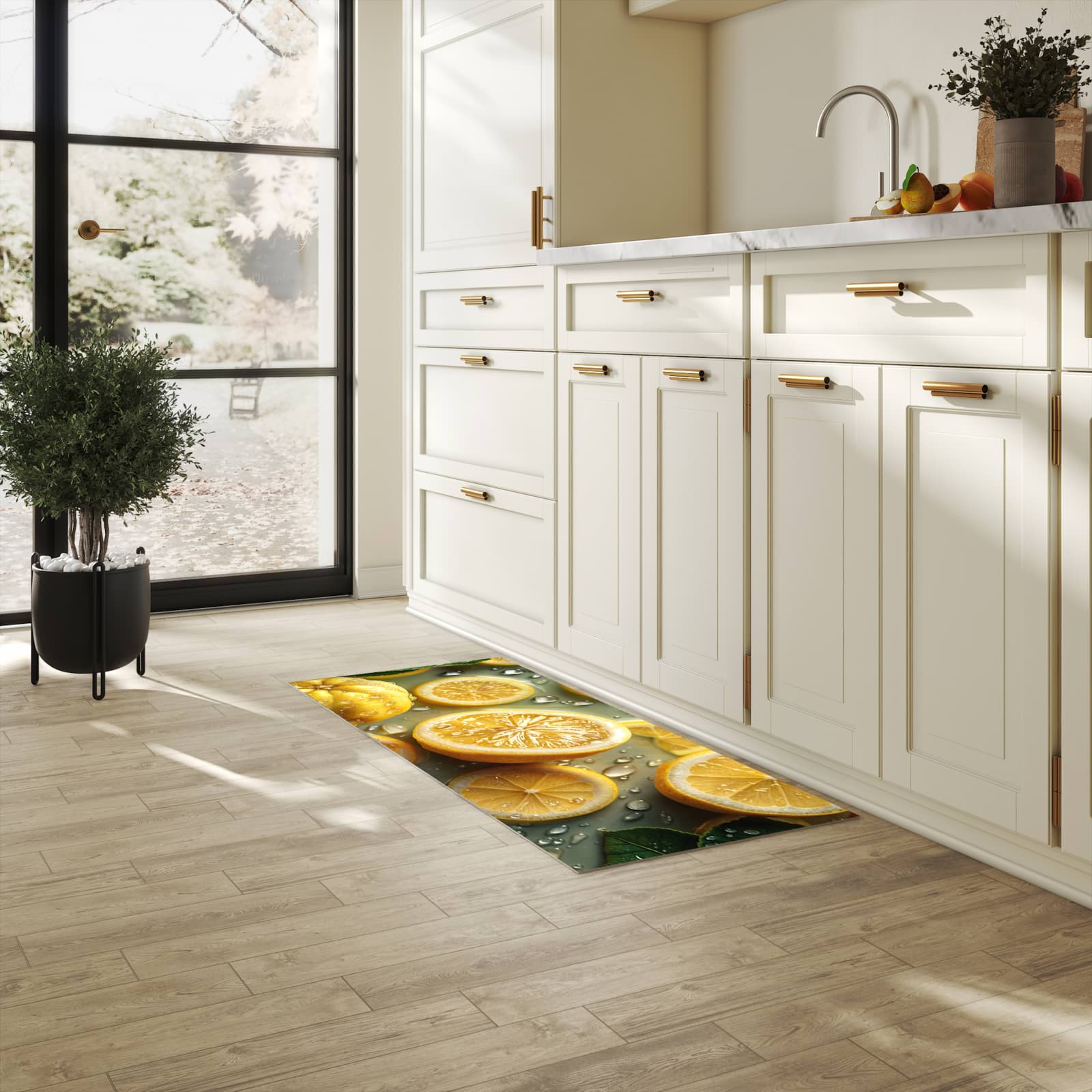 Langlebiger rutschfester Küchenläufer mit Motiv Zitronenfrische in heller Küche