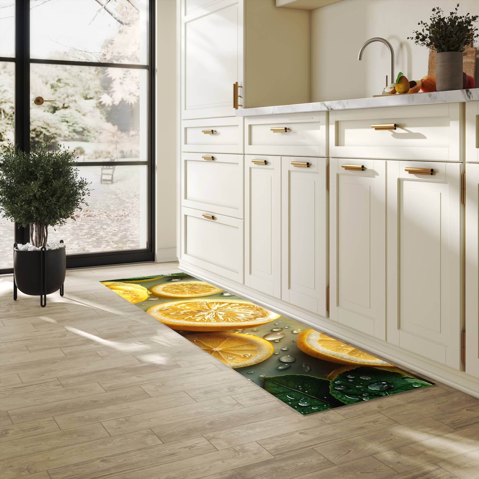 Pflegeleichter waschbarer Küchenläufer mit Motiv Zitronenfrische in heller Küche