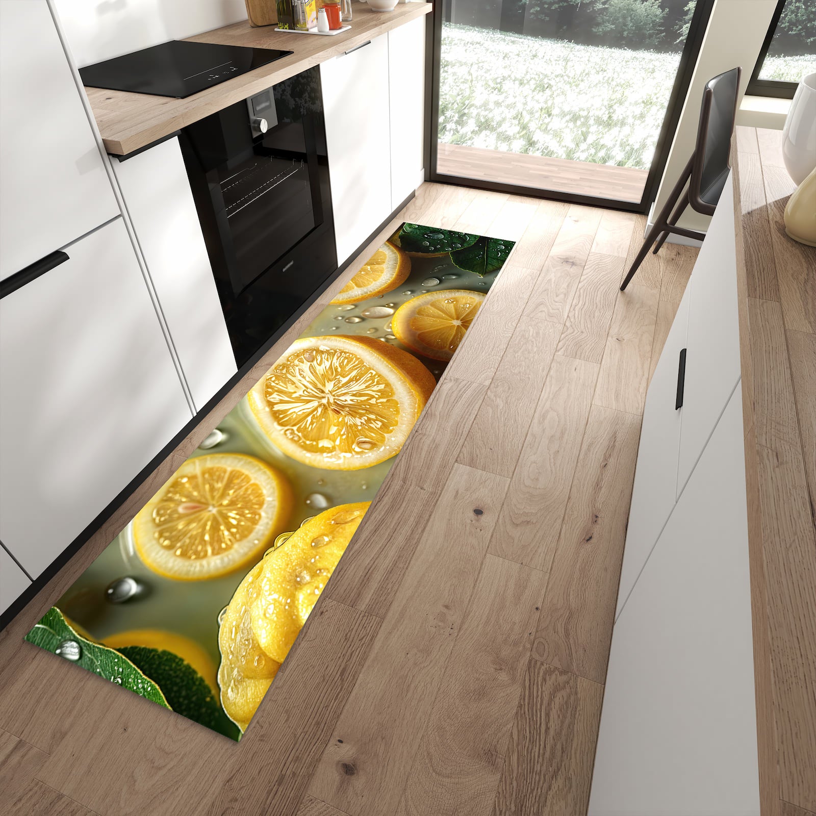 Schmutzabweisender Küchenläufer mit Motiv Zitronenfrische in moderner Küche