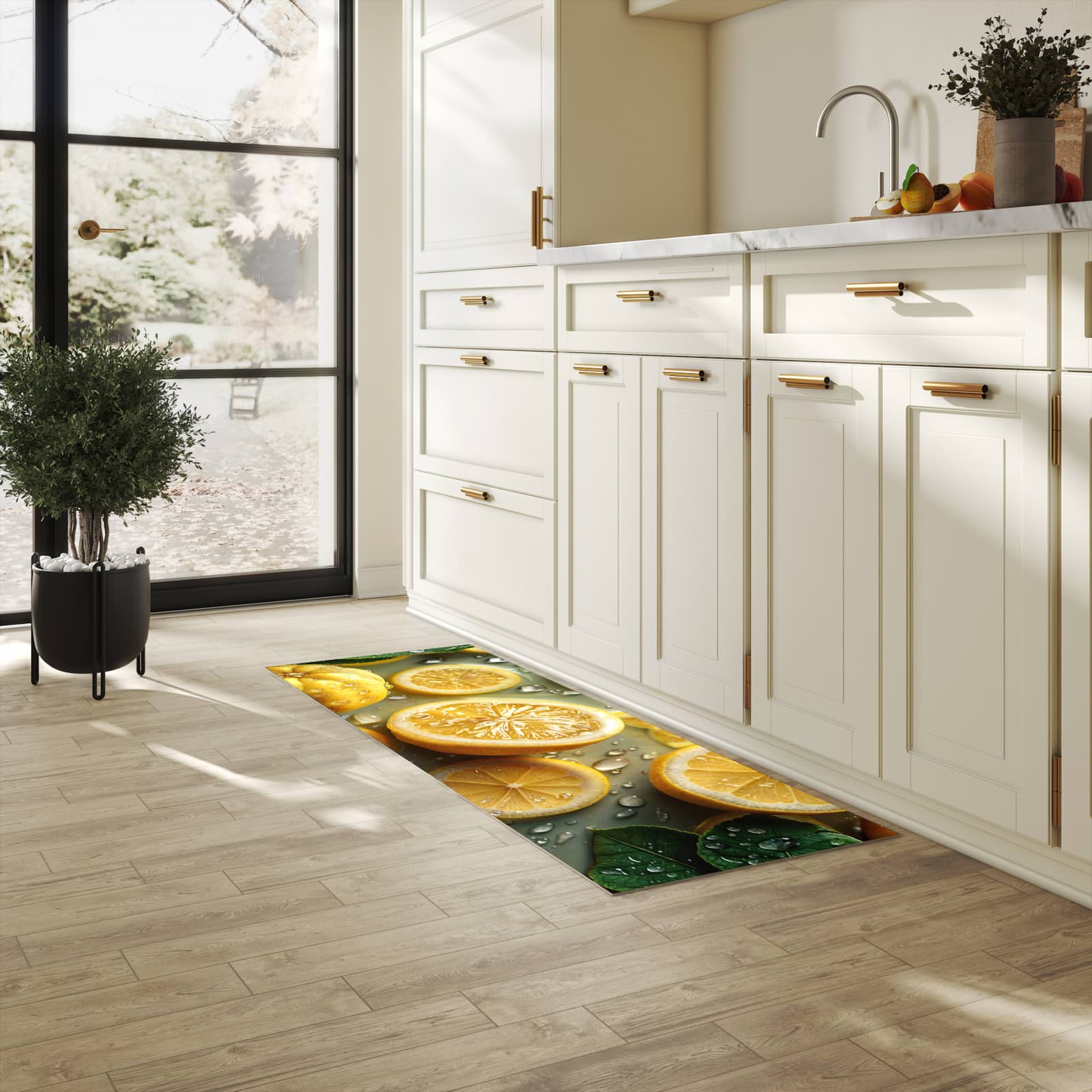 Flacher rutschfester Küchenläufer mit Motiv Zitronenfrische in heller Küche