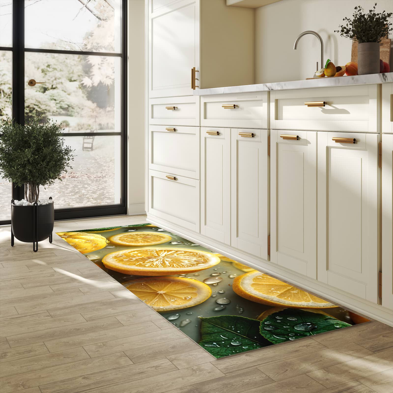 Hygienischer moderner Küchenläufer mit Motiv Zitronenfrische in heller Küche