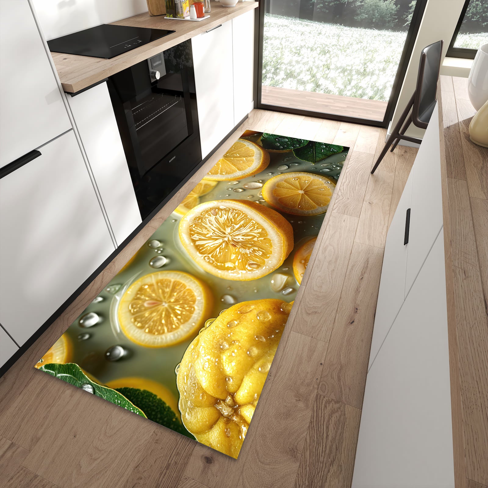Hygienischer Küchenteppich mit Motiv Zitronenfrische in moderner Küche
