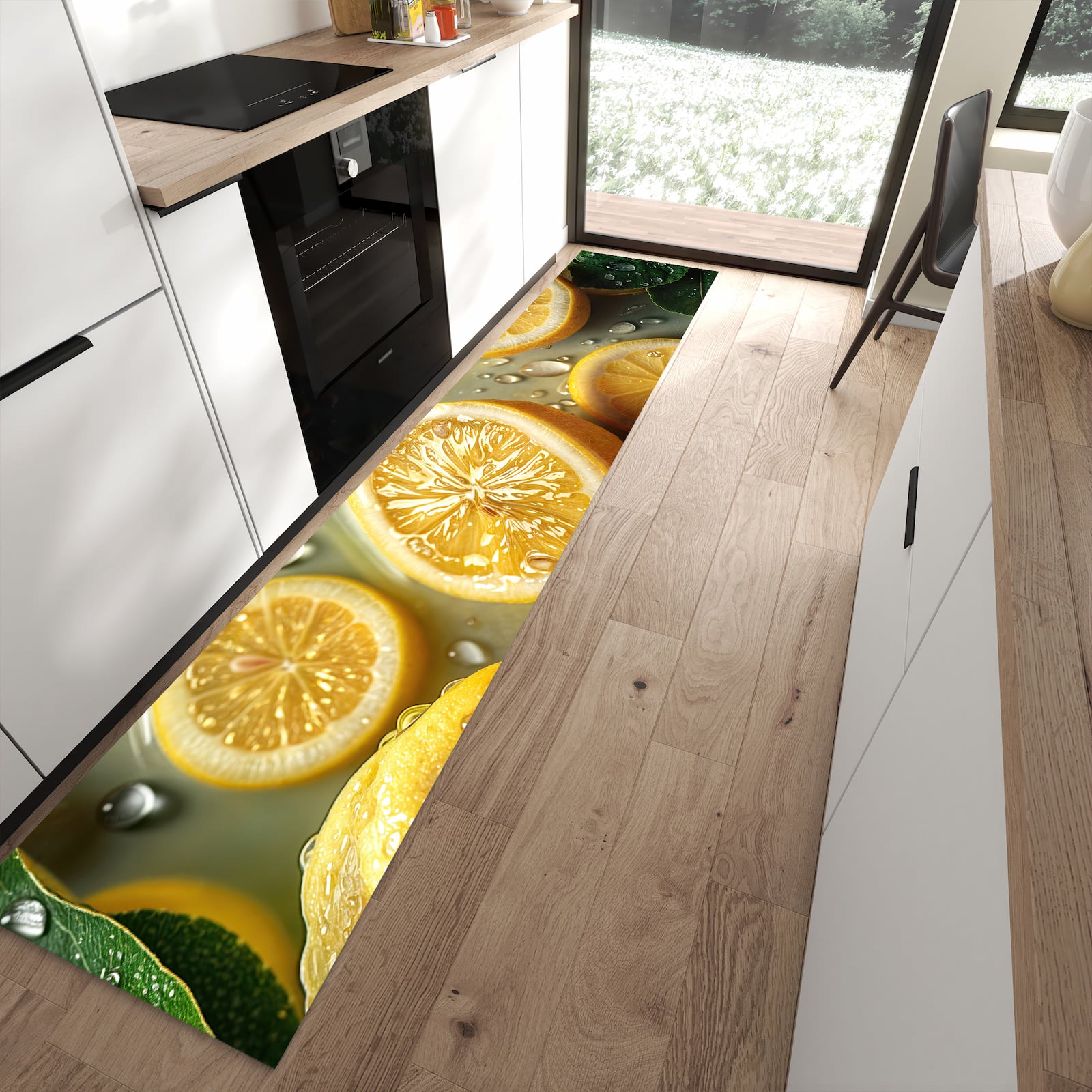 Langlebiger Küchenläufer mit Motiv Zitronenfrische in moderner Küche