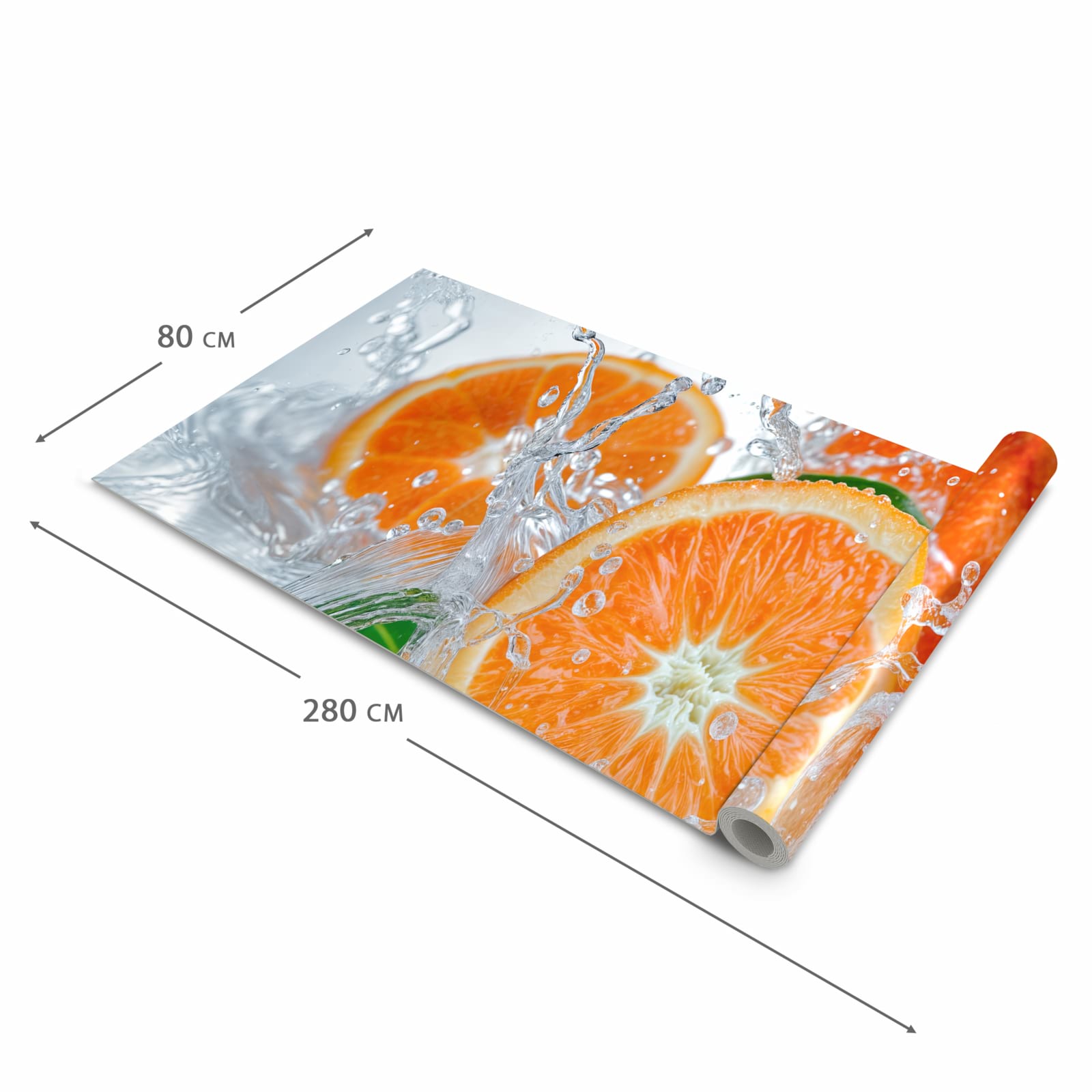 Schmutzabweisender waschbarer Küchenläufer mit Motiv Spritzige Orangen in der Größe 80x300 cm