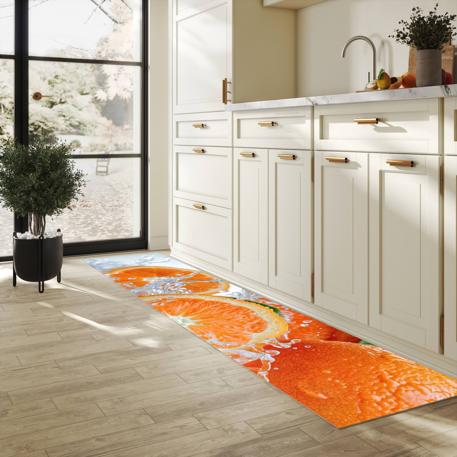 Zeitsparender Küchenteppich mit Motiv Spritzige Orangen in heller Küche - leicht waschbar