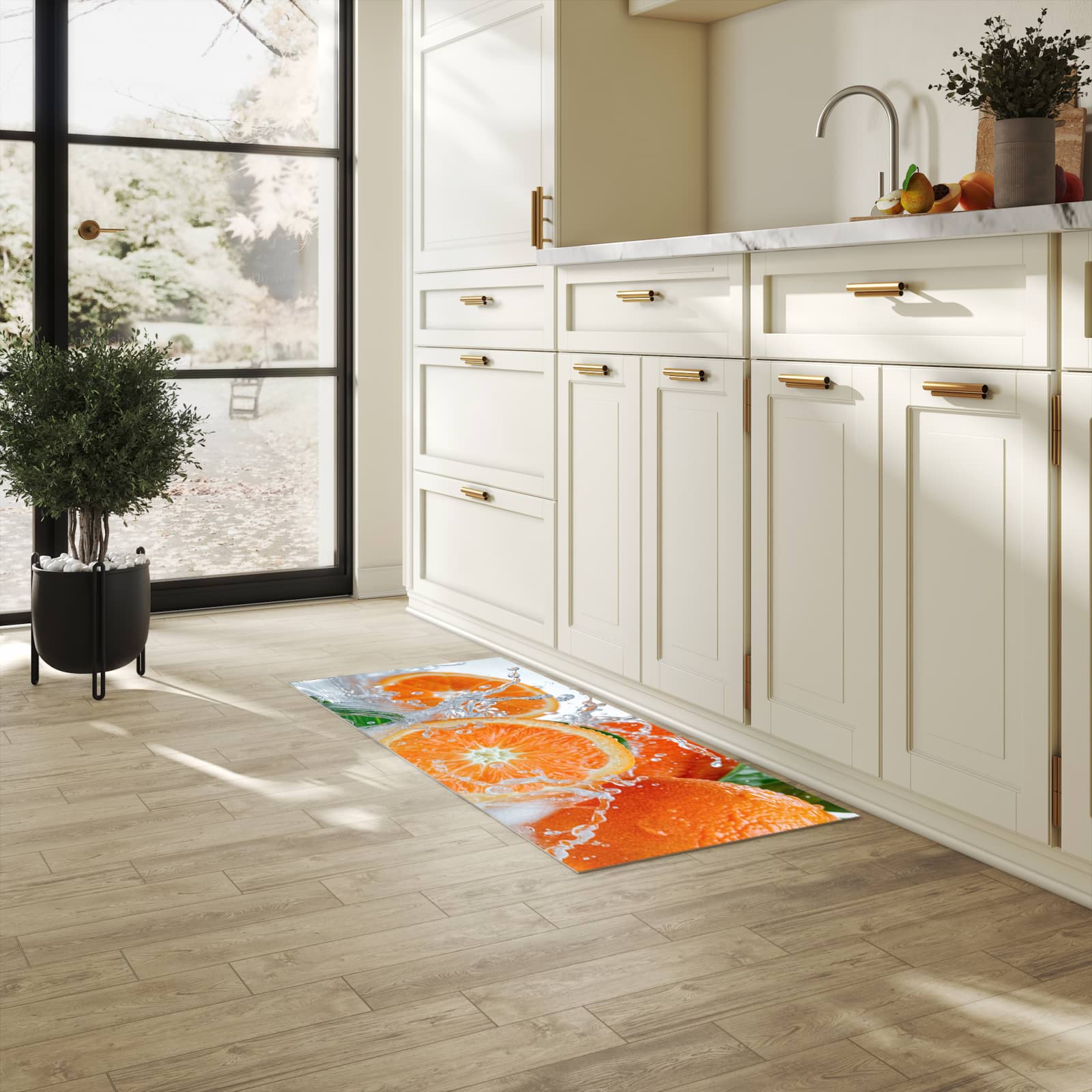 Bodenschonender waschbarer Küchenteppich mit Motiv Spritzige Orangen in heller Küche