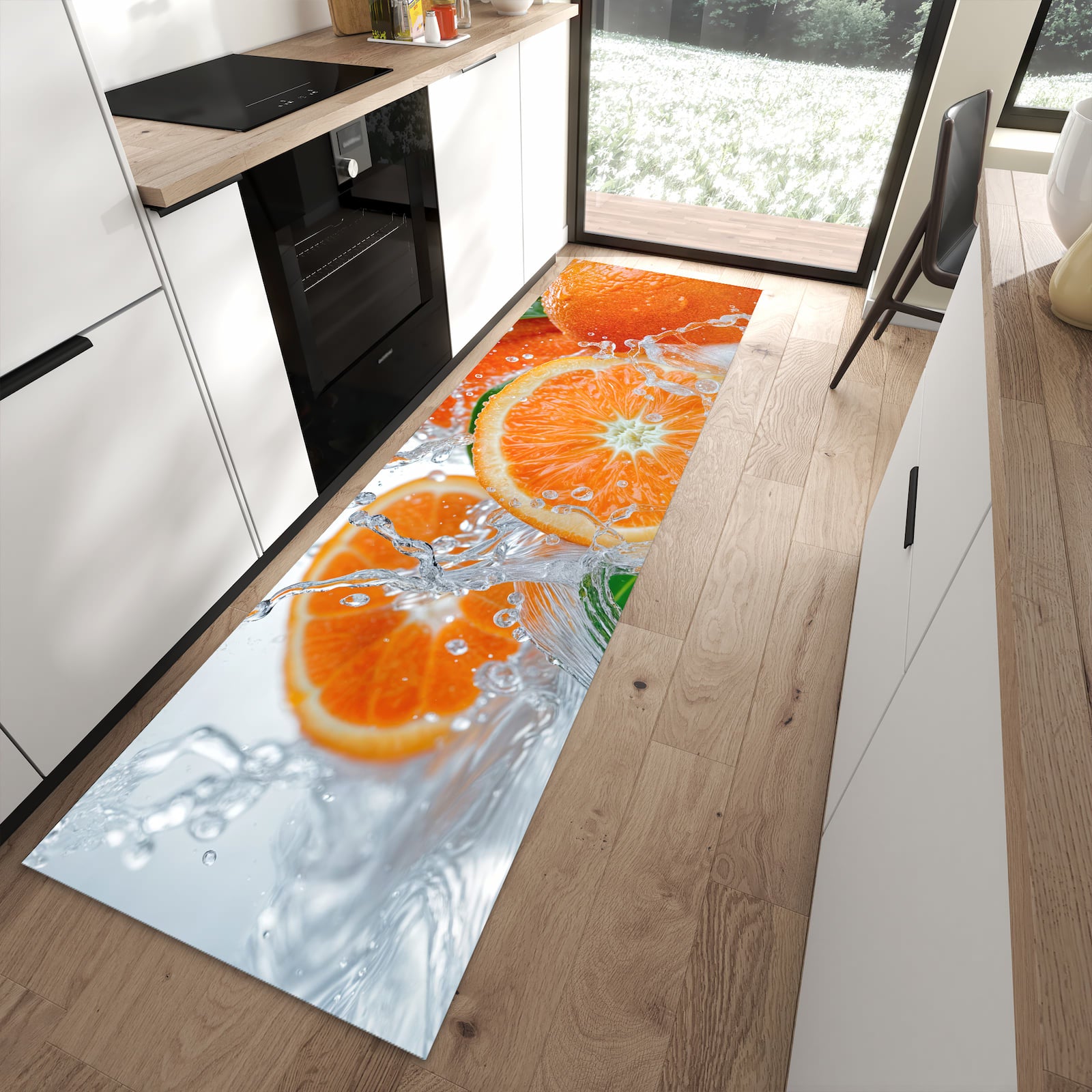 Zeitsparender rutschfester Küchenläufer mit Motiv Spritzige Orangen in moderner Küche