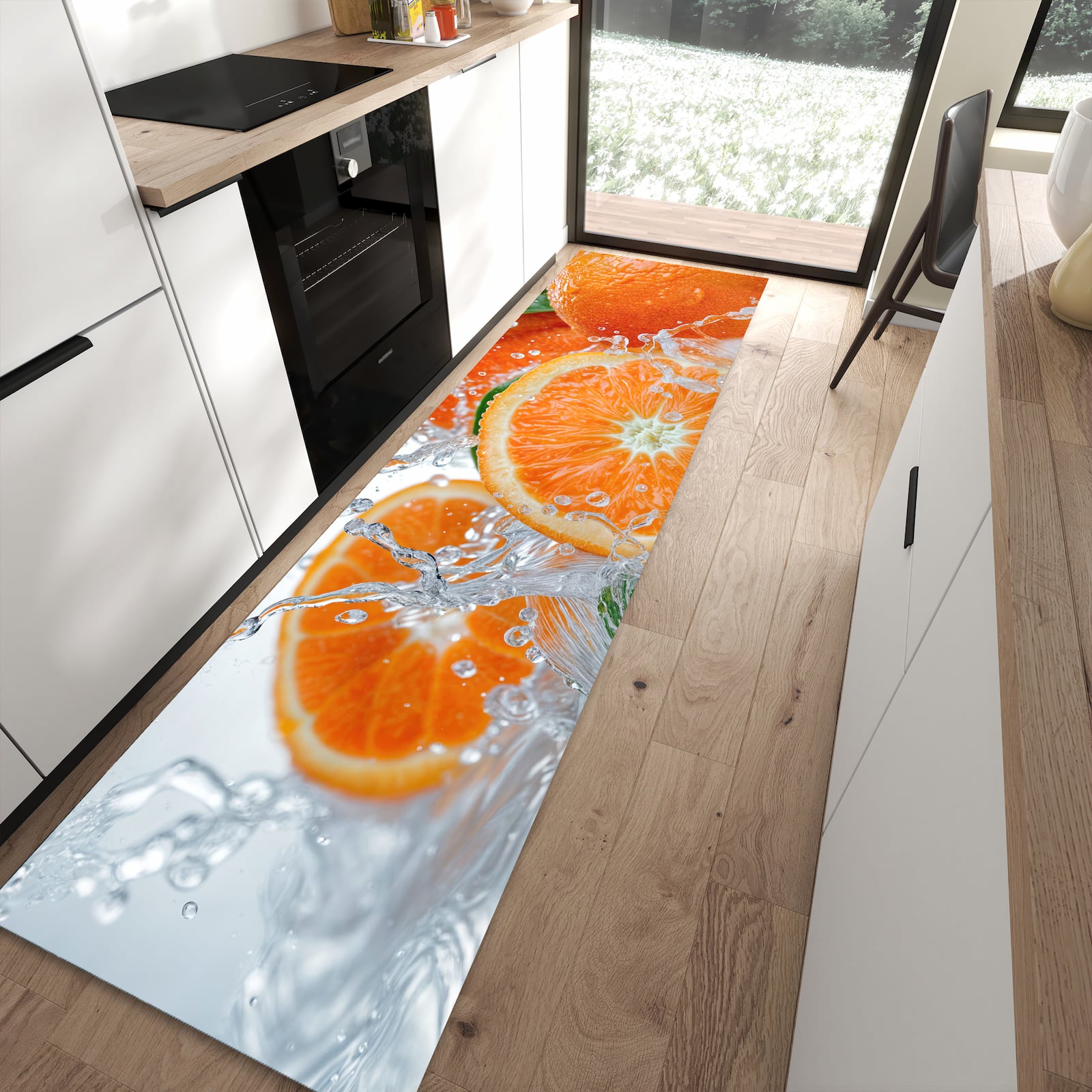 Geräuschdämpfender waschbarer Küchenläufer mit Motiv Spritzige Orangen in moderner Küche