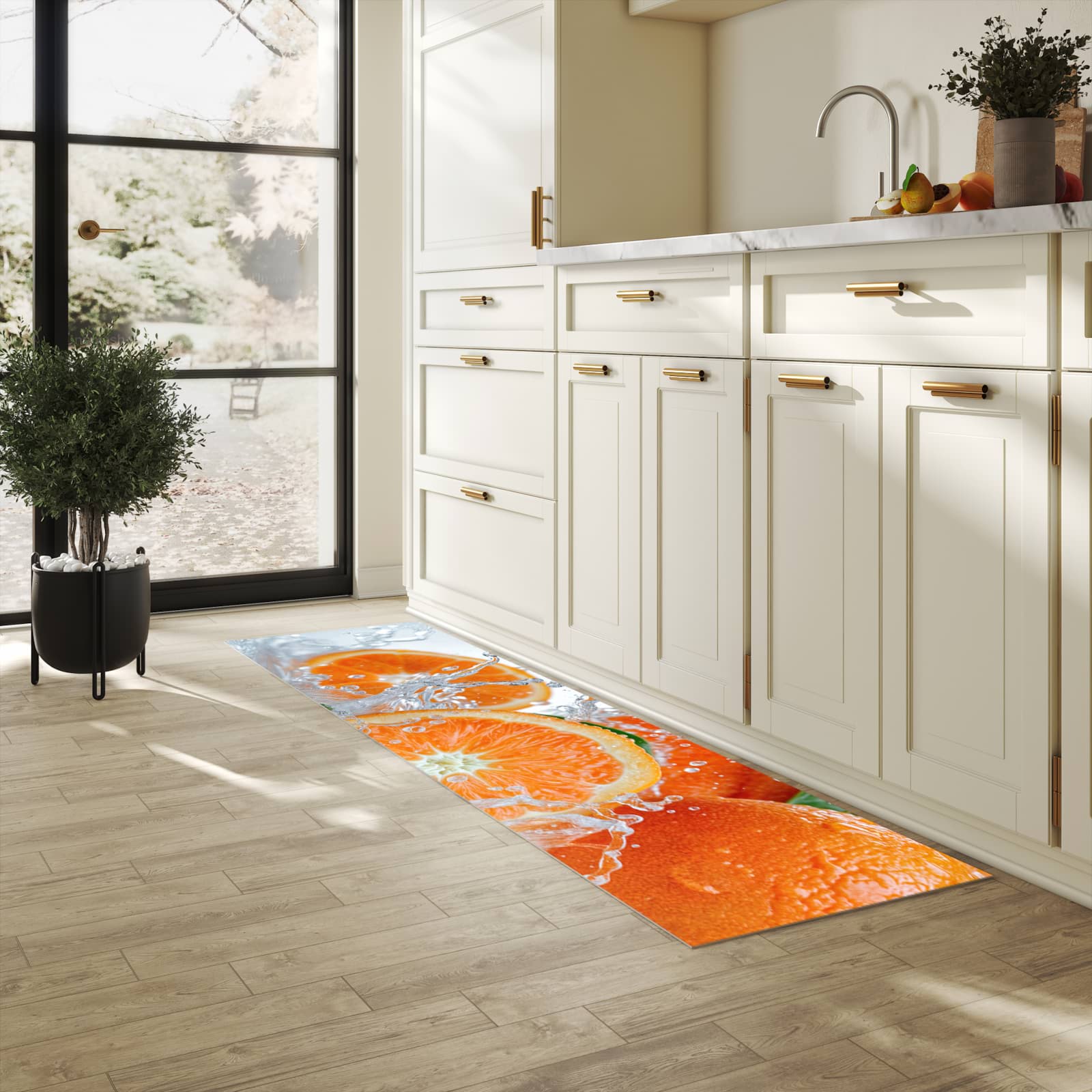Formstabiler rutschfester Küchenteppich mit Motiv Spritzige Orangen in heller Küche