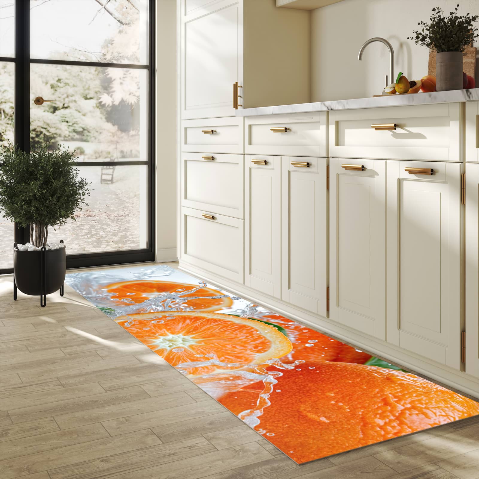 Wasserabweisender Küchenläufer mit Motiv Spritzige Orangen in heller Küche