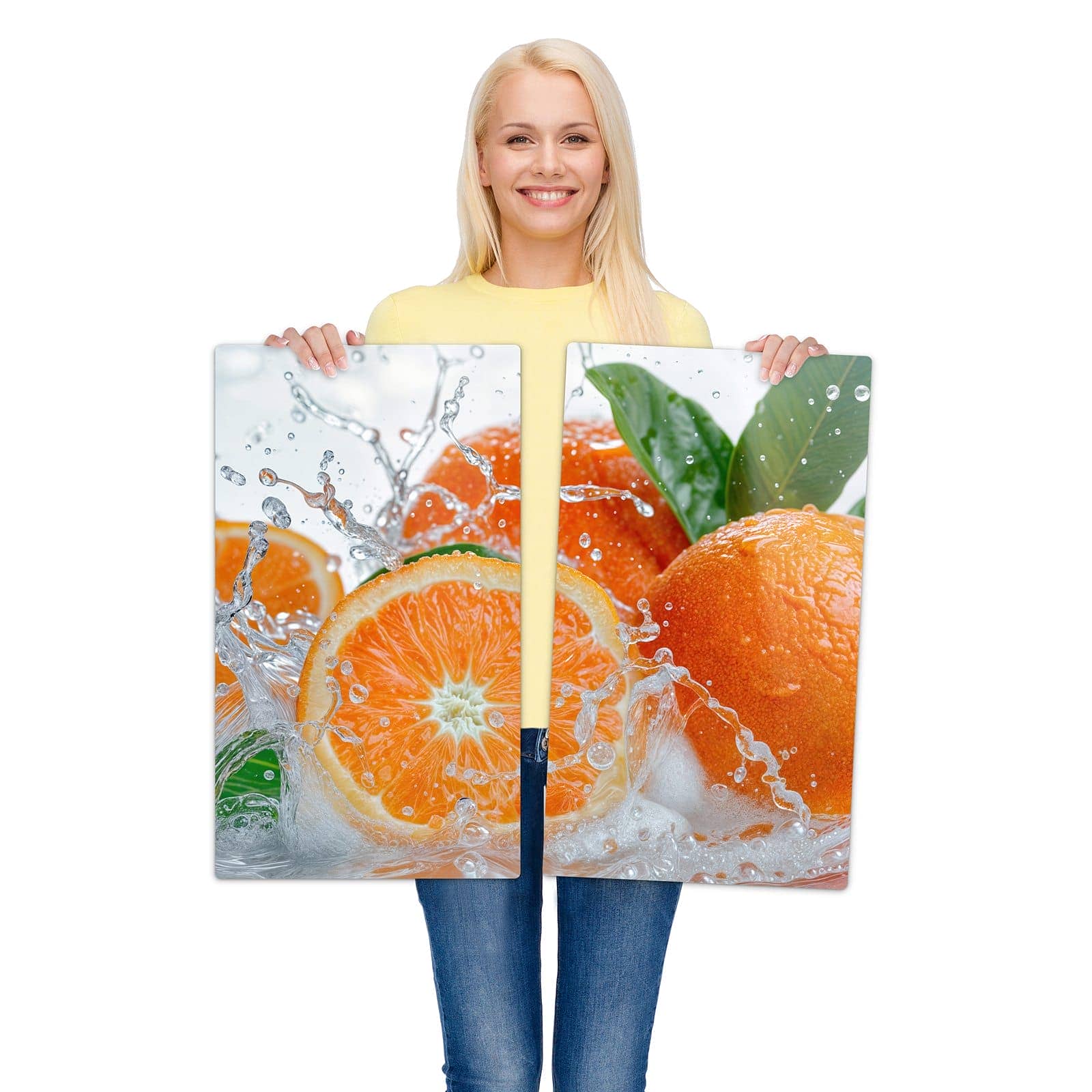 2-teilige Herdabdeckung mit Spritzige Orangen-Motiv wird zur Größendarstellung gehalten