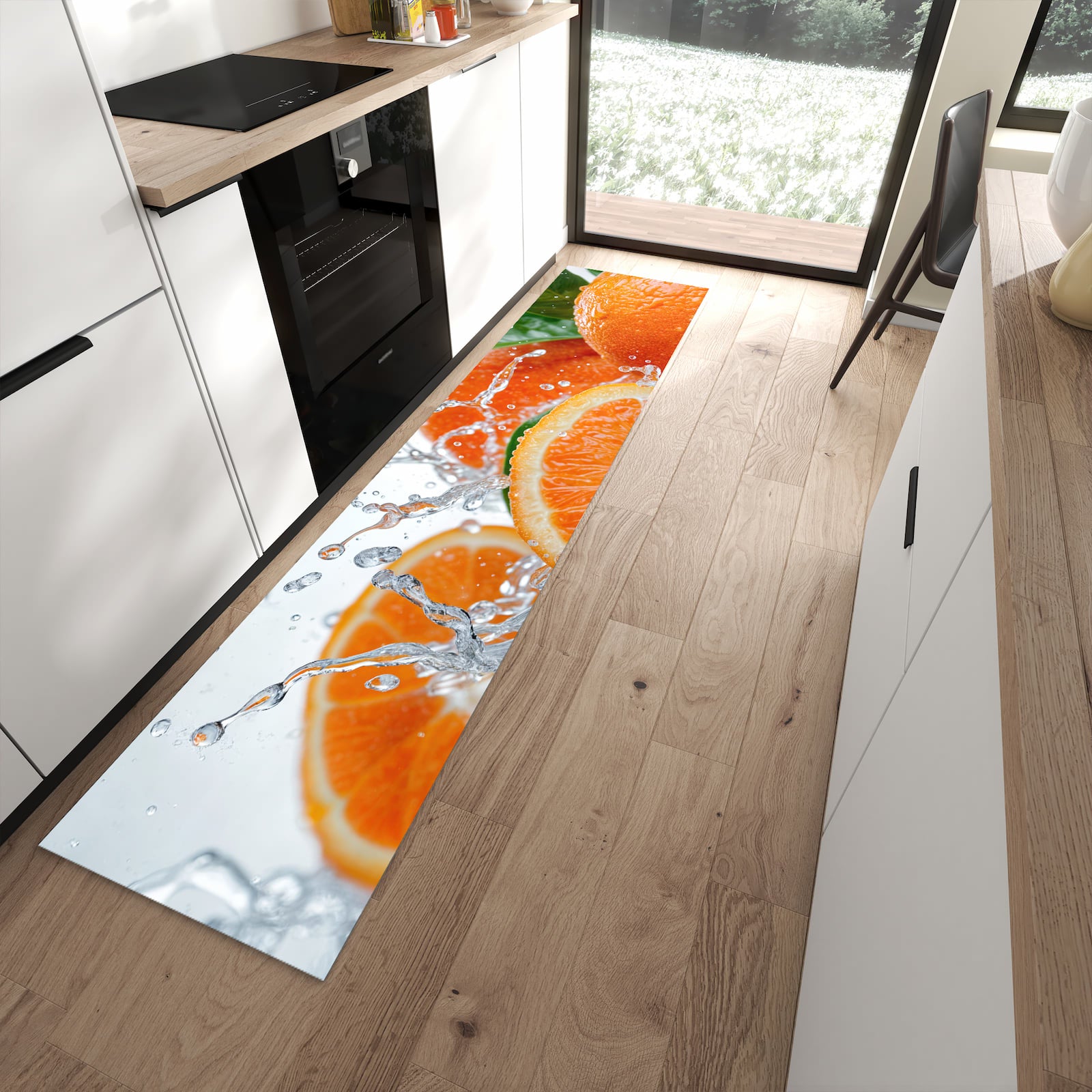 Küchenteppich mit Motiv Spritzige Orangen für Ordnung in moderner Küche