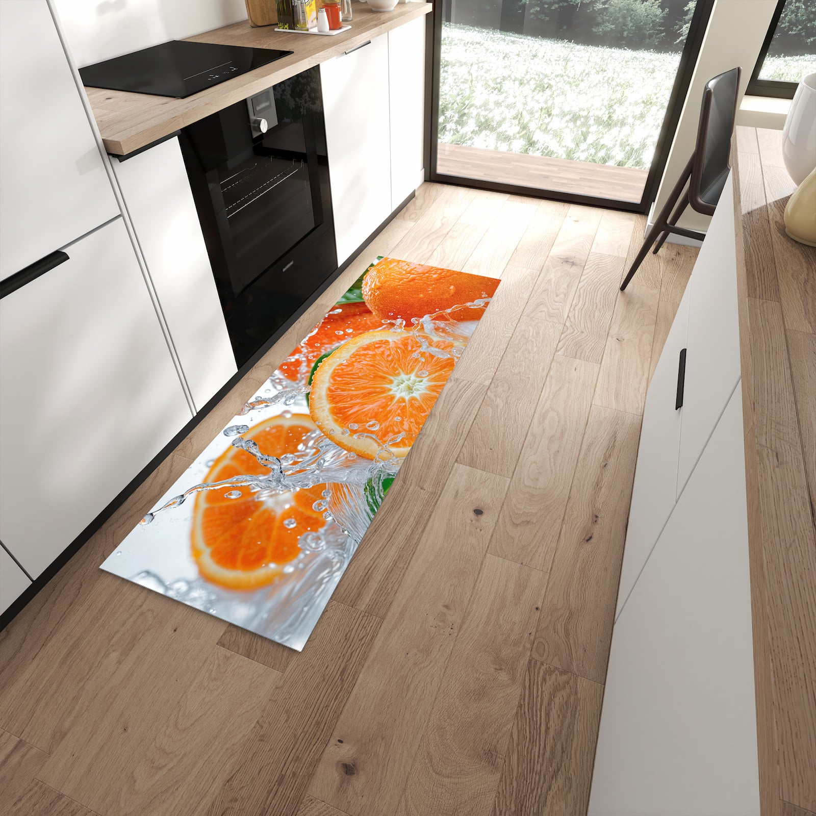 Feuchtigkeitsresistenter Küchenteppich mit Motiv Spritzige Orangen in moderner Küche