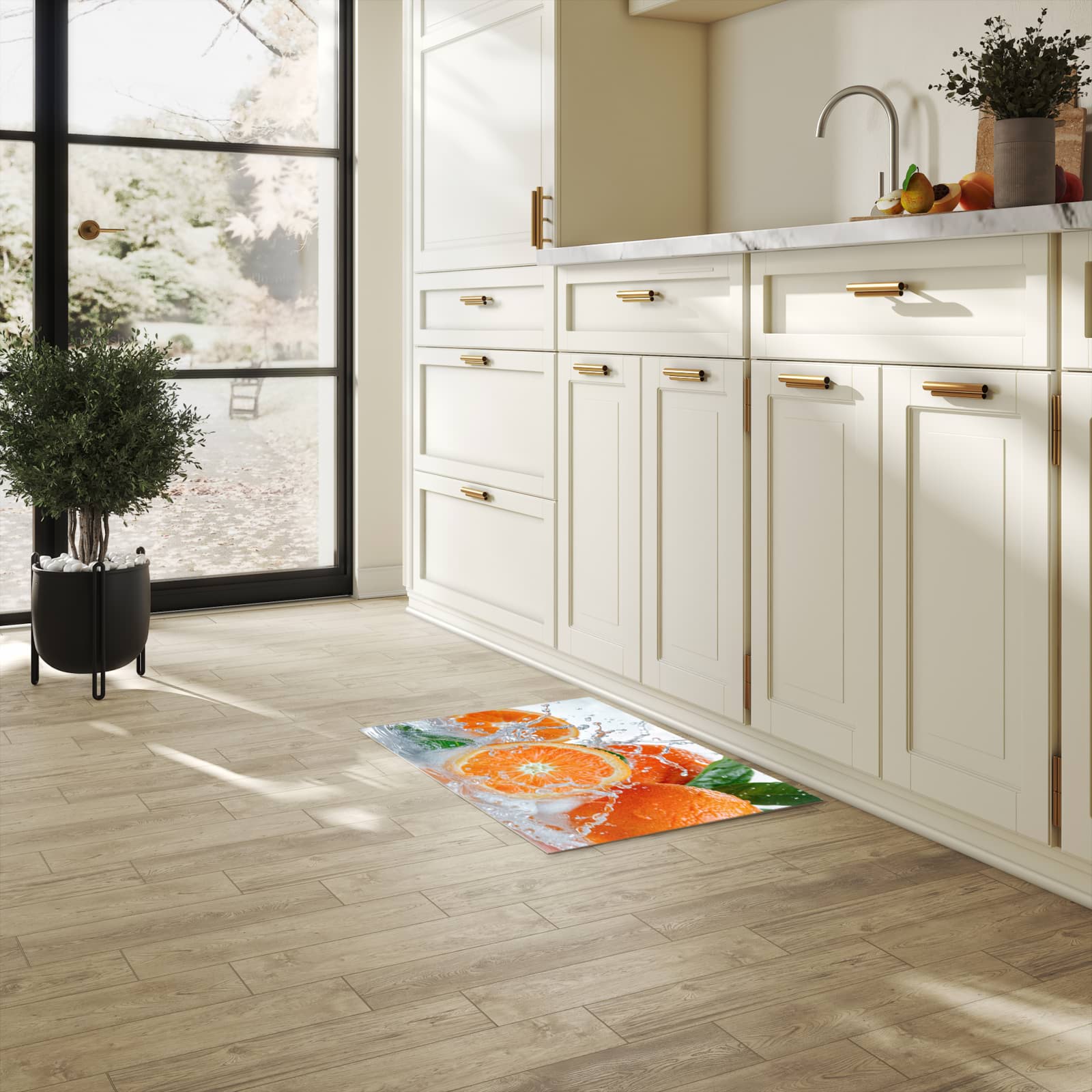 Geräuschdämpfender waschbarer Küchenteppich mit Motiv Spritzige Orangen in heller Küche