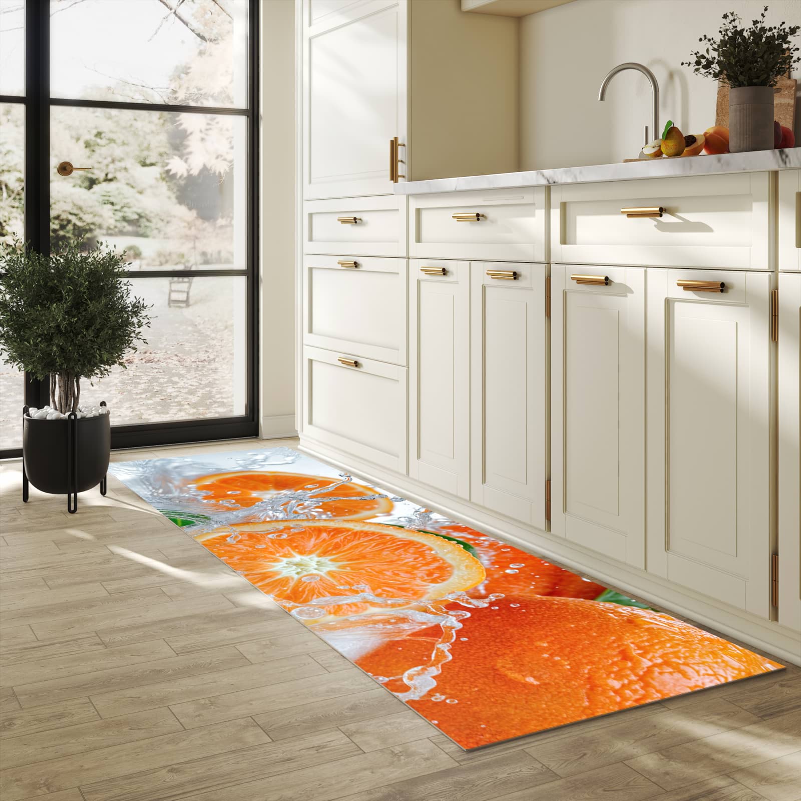 Waschbarer Küchenteppich mit Motiv Spritzige Orangen für Trittkomfort in heller Küche