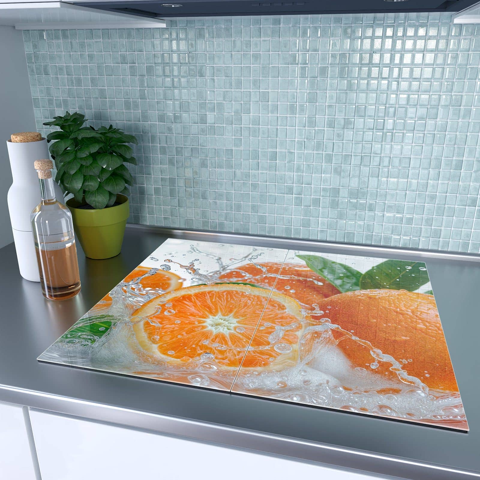 2-teilige Herdabdeckplatte mit Spritzige Orangen-Motiv auf dem Ceranfeld
