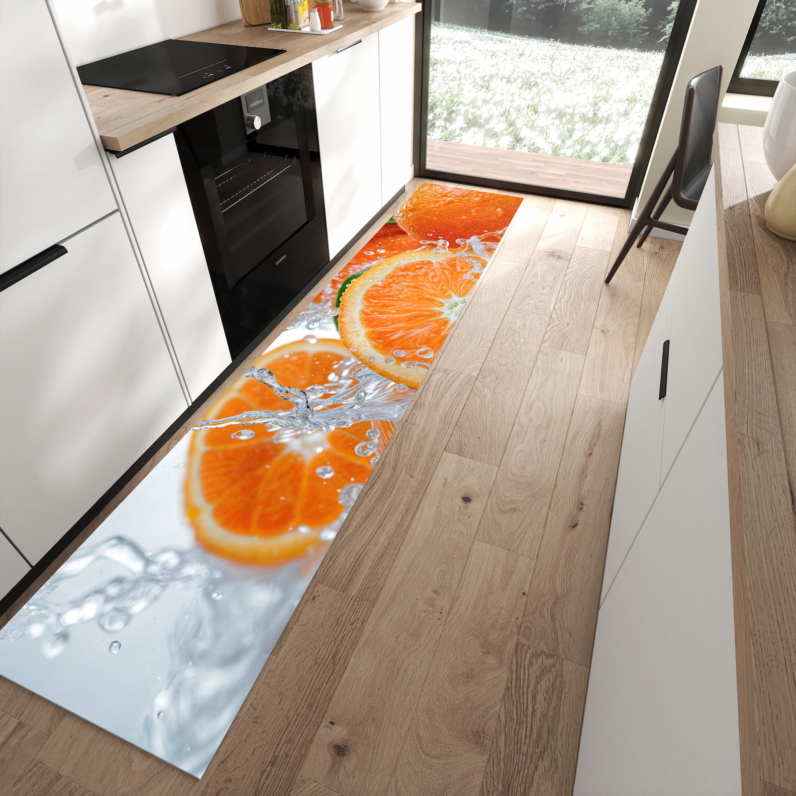 Bodenschonender Küchenläufer mit Motiv Spritzige Orangen in moderner Küche