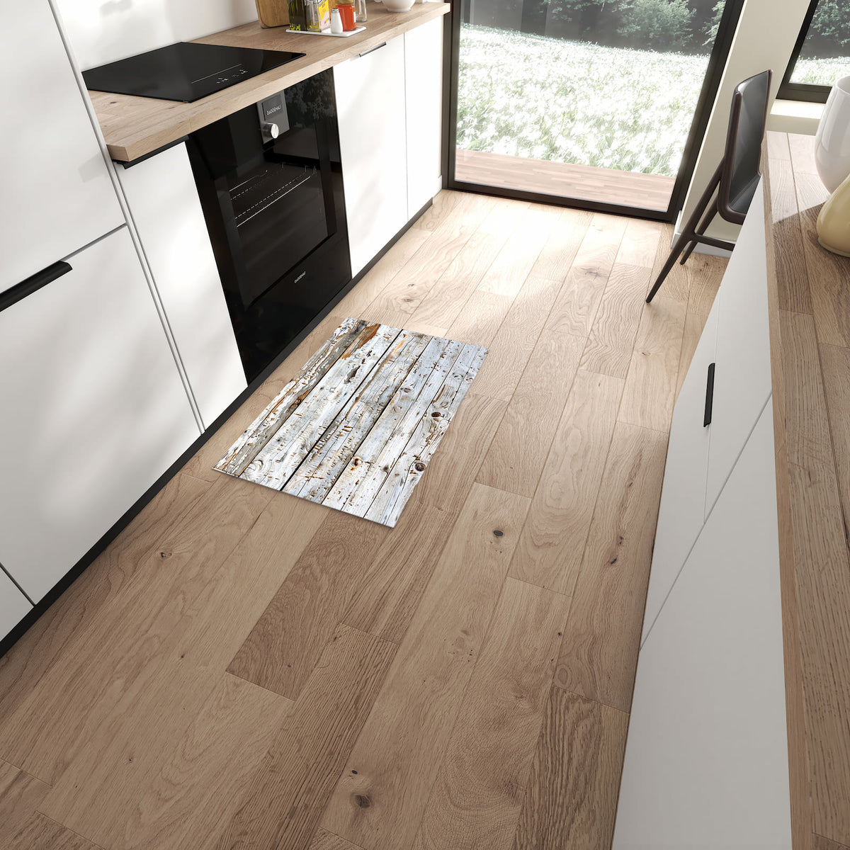 Flacher Küchenläufer mit Motiv Holzbretter von Verwitterte in moderner Küche