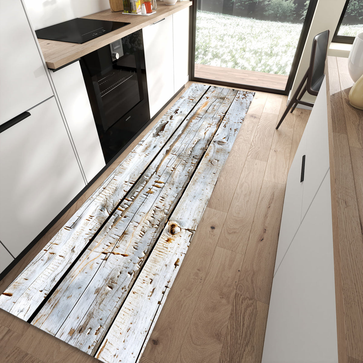 Hygienischer rutschfester Küchenteppich mit Motiv Holzbretter von Verwitterte in moderner Küche