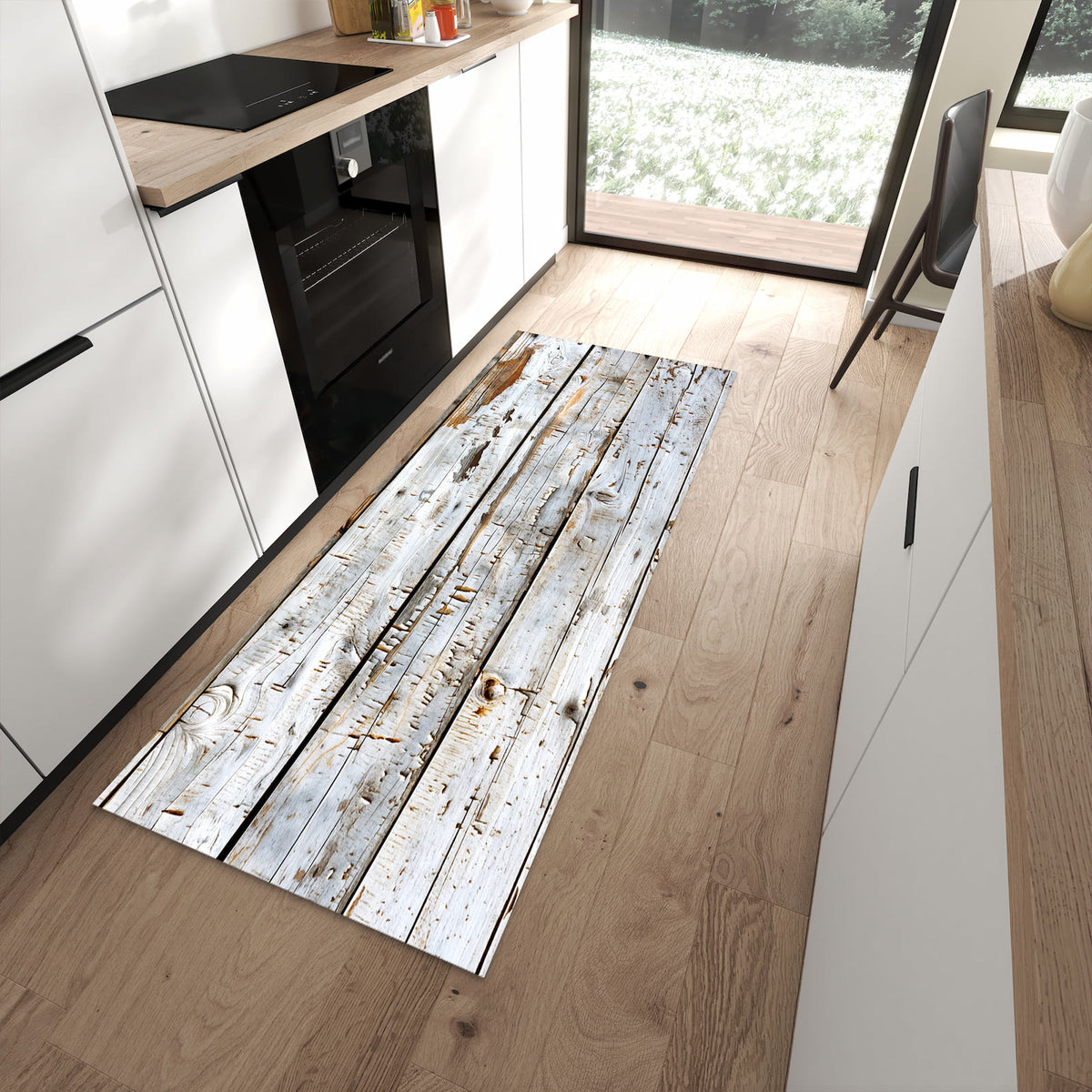 Rutschfester Küchenteppich mit Motiv Holzbretter von Verwitterte in moderner Küche