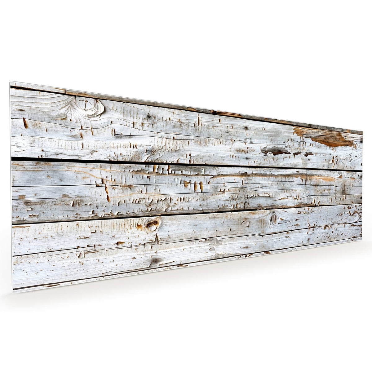 Küchenrückwand aus Glas im Hochformat mit Motiv Weiße Holzpatina: Waagerechte weiß gestrichene Bretter mit abgewitterter Farbe und Astlöchern