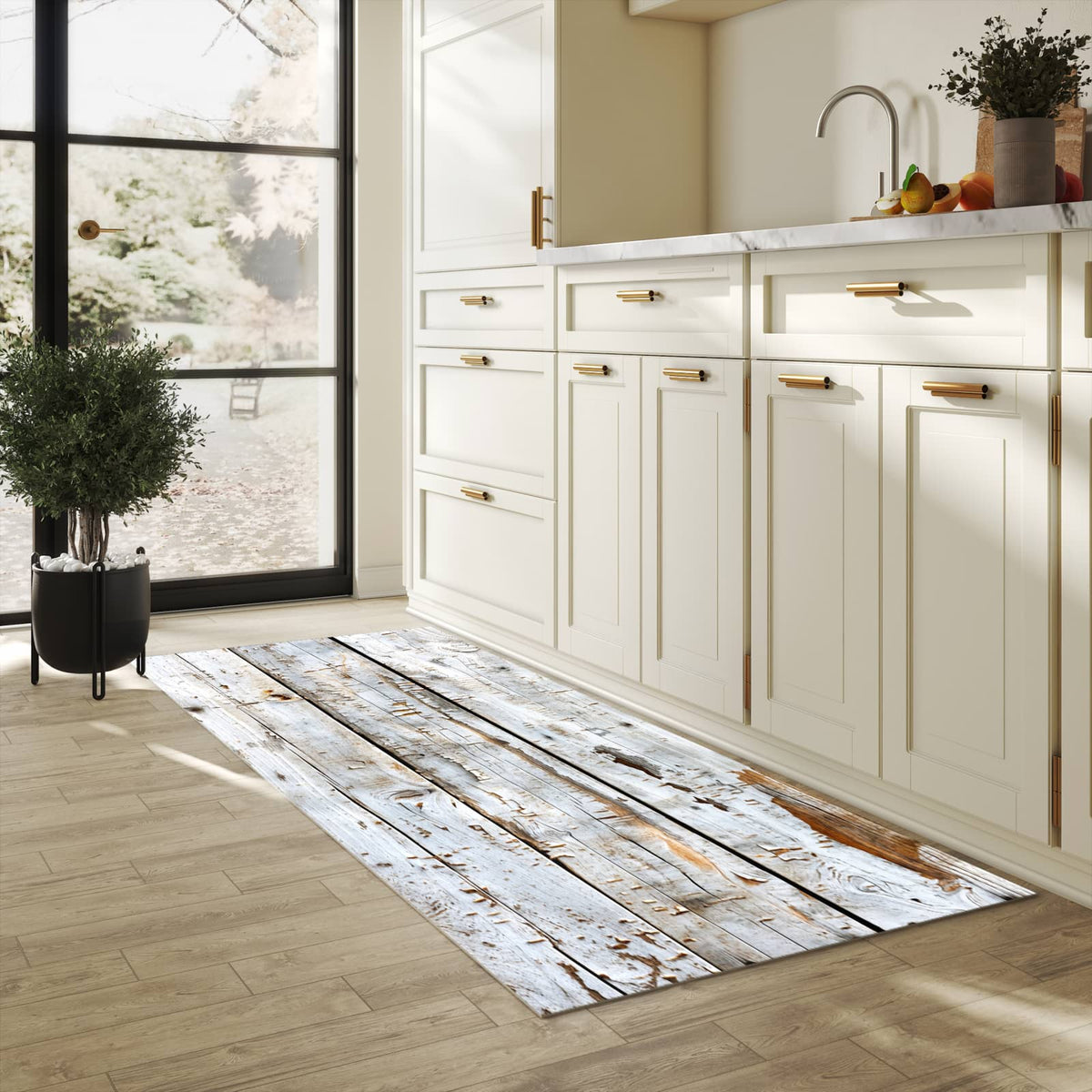 Bodenschonender Bodenläufer-Teppich mit Motiv Holzbretter von Verwitterte in heller Küche