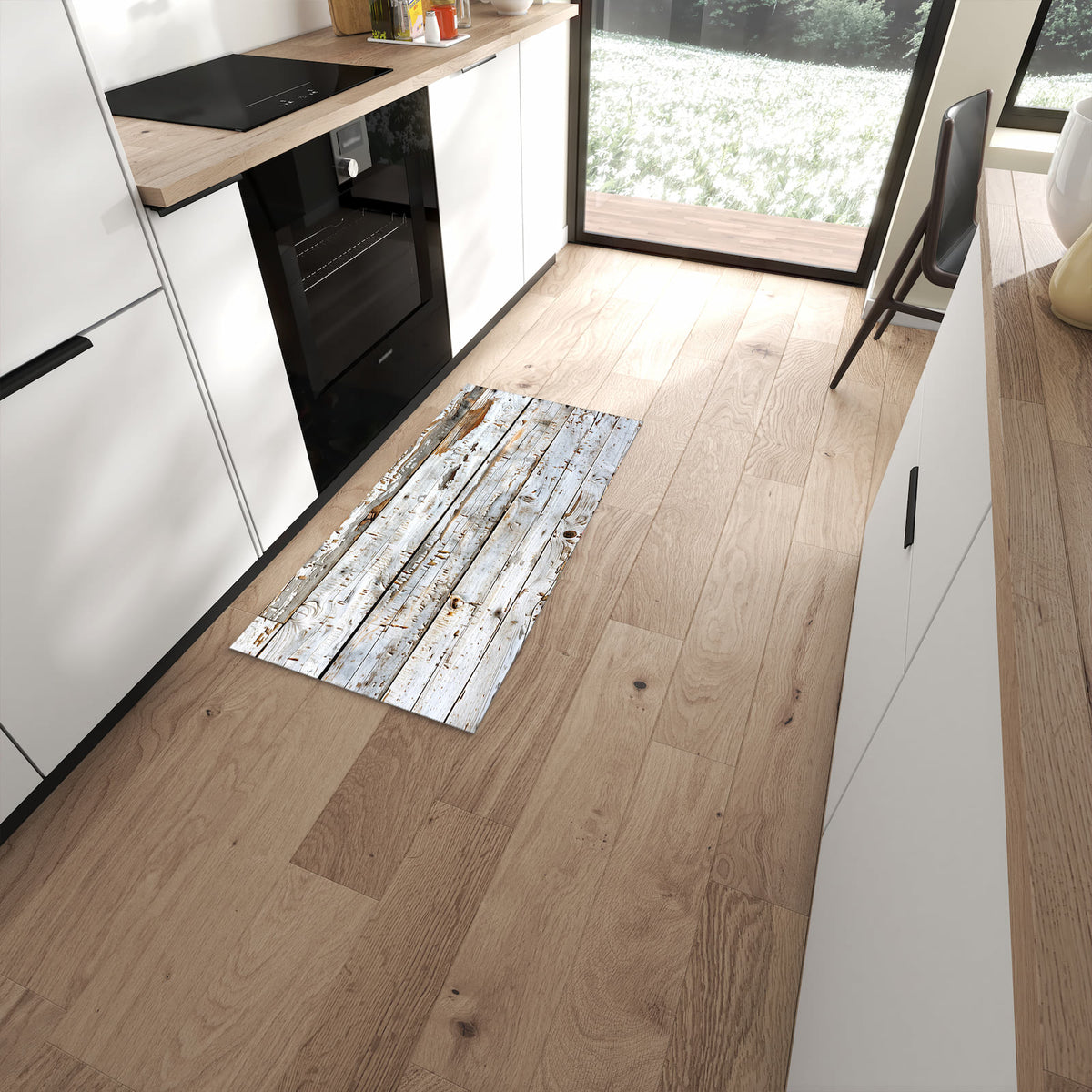 Komfortabler Küchenteppich mit Motiv Holzbretter von Verwitterte in moderner Küche #grösse_60 x 120 cm
