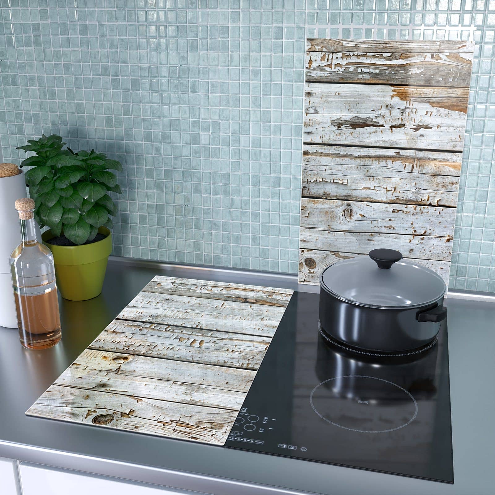 2-teilige Abdeckplatten für Ceranfeld mit Weiße Holzpatina-Motiv als Spritzschutz hinter dem Kochfeld