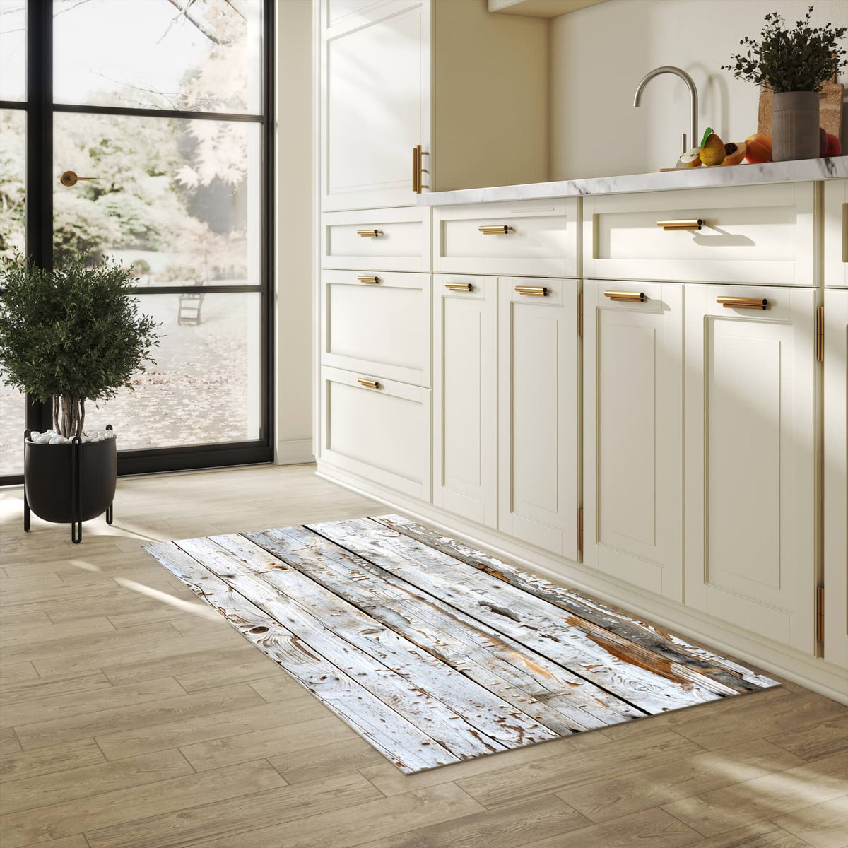 Feuchtigkeitsresistenter Bodenläufer mit Motiv Holzbretter von Verwitterte in heller Küche