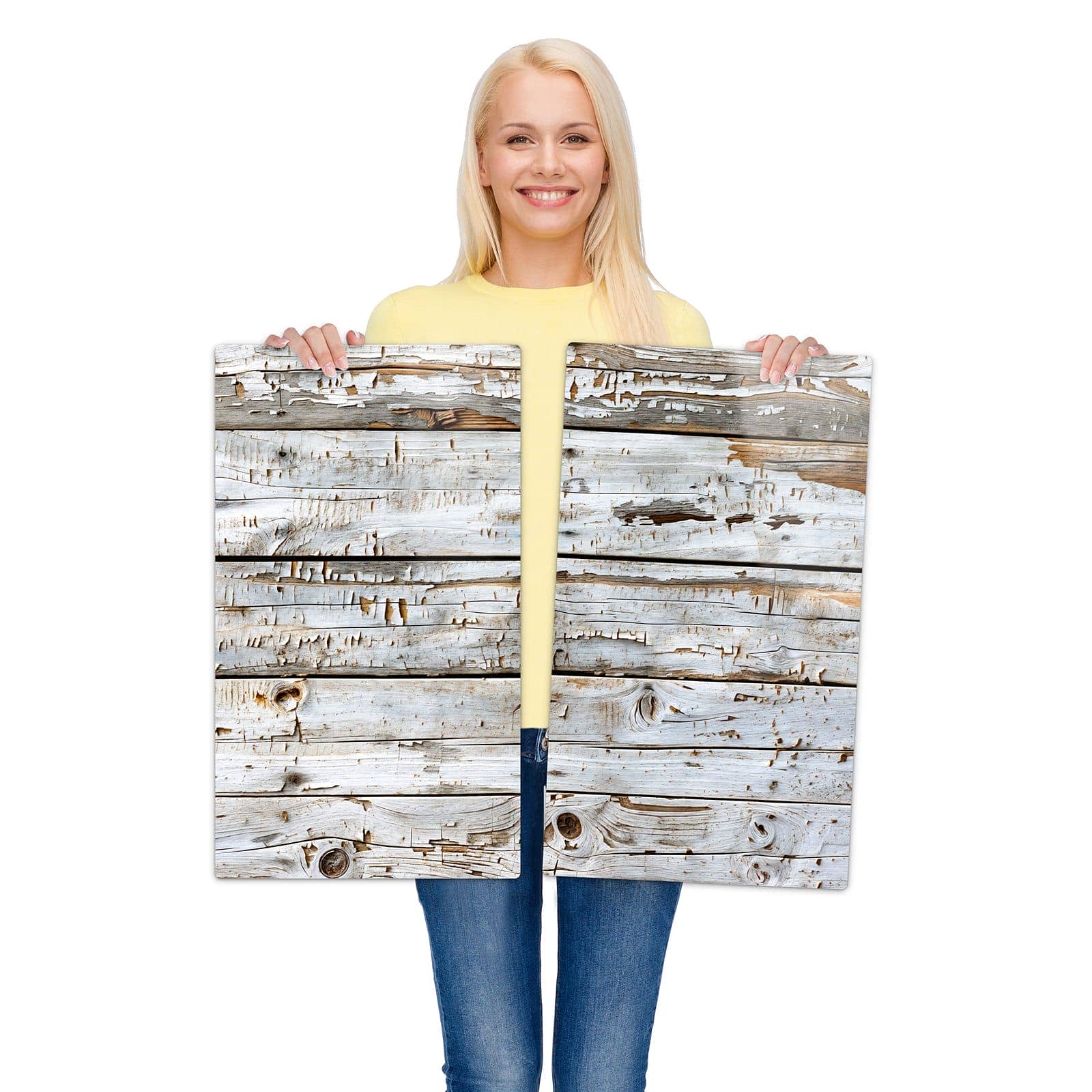 2-teilige Herdabdeckplatten aus Glas mit Weiße Holzpatina-Motiv wird zur Größendarstellung gehalten