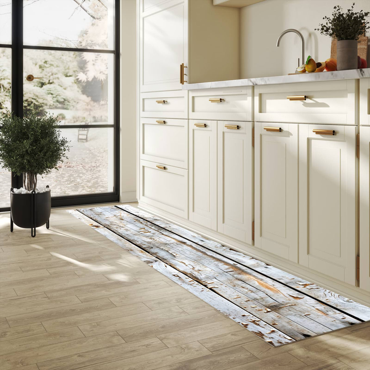 Dünner Küchenteppich mit Motiv Holzbretter von Verwitterte in heller Küche für angenehme Haptik