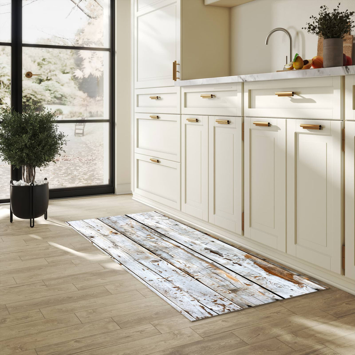 Strapazierfähiger dünner Küchenteppich mit Motiv Holzbretter von Verwitterte in heller Küche