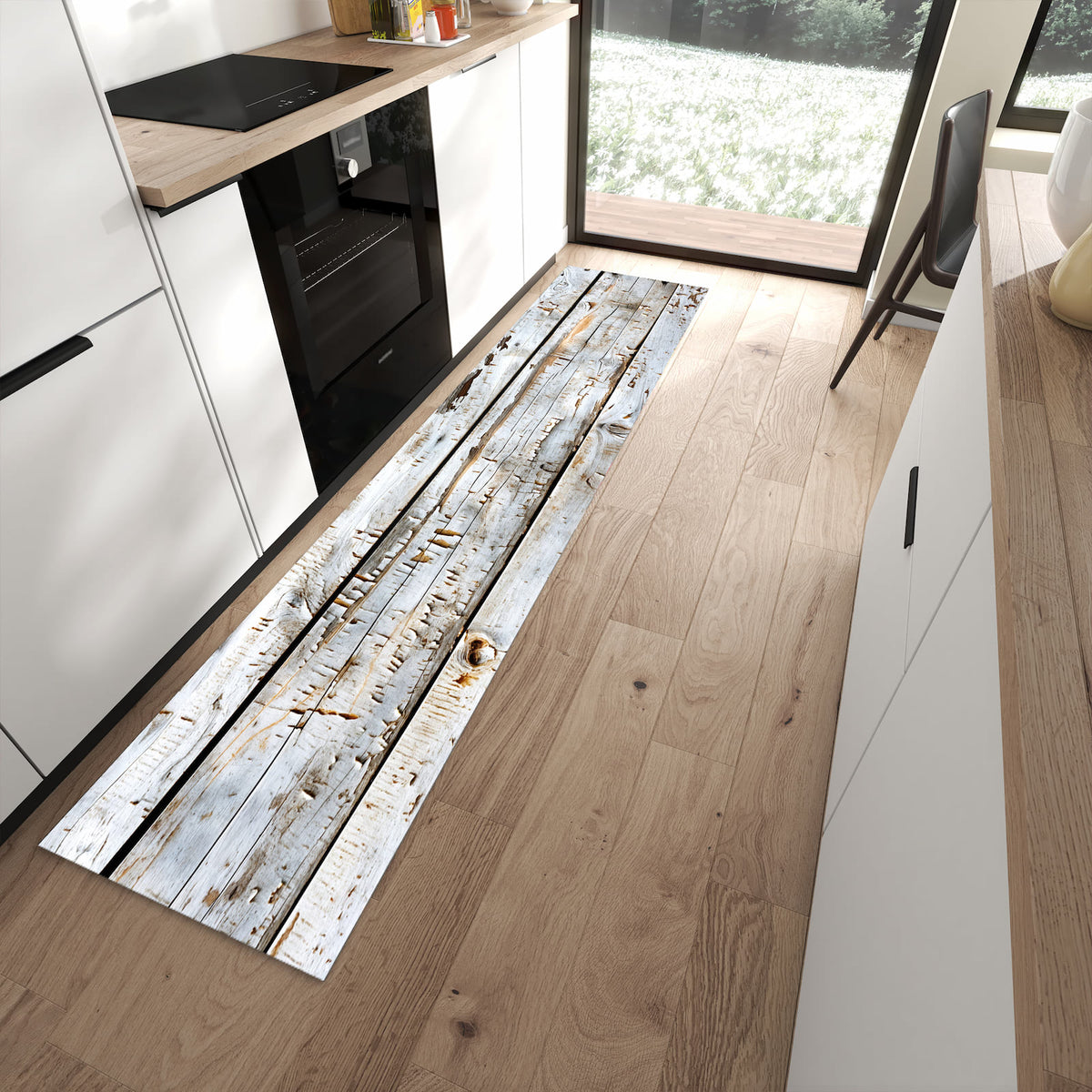 Geruchsneutraler Teppich in Küche mit Motiv Holzbretter von Verwitterte in moderner Küche